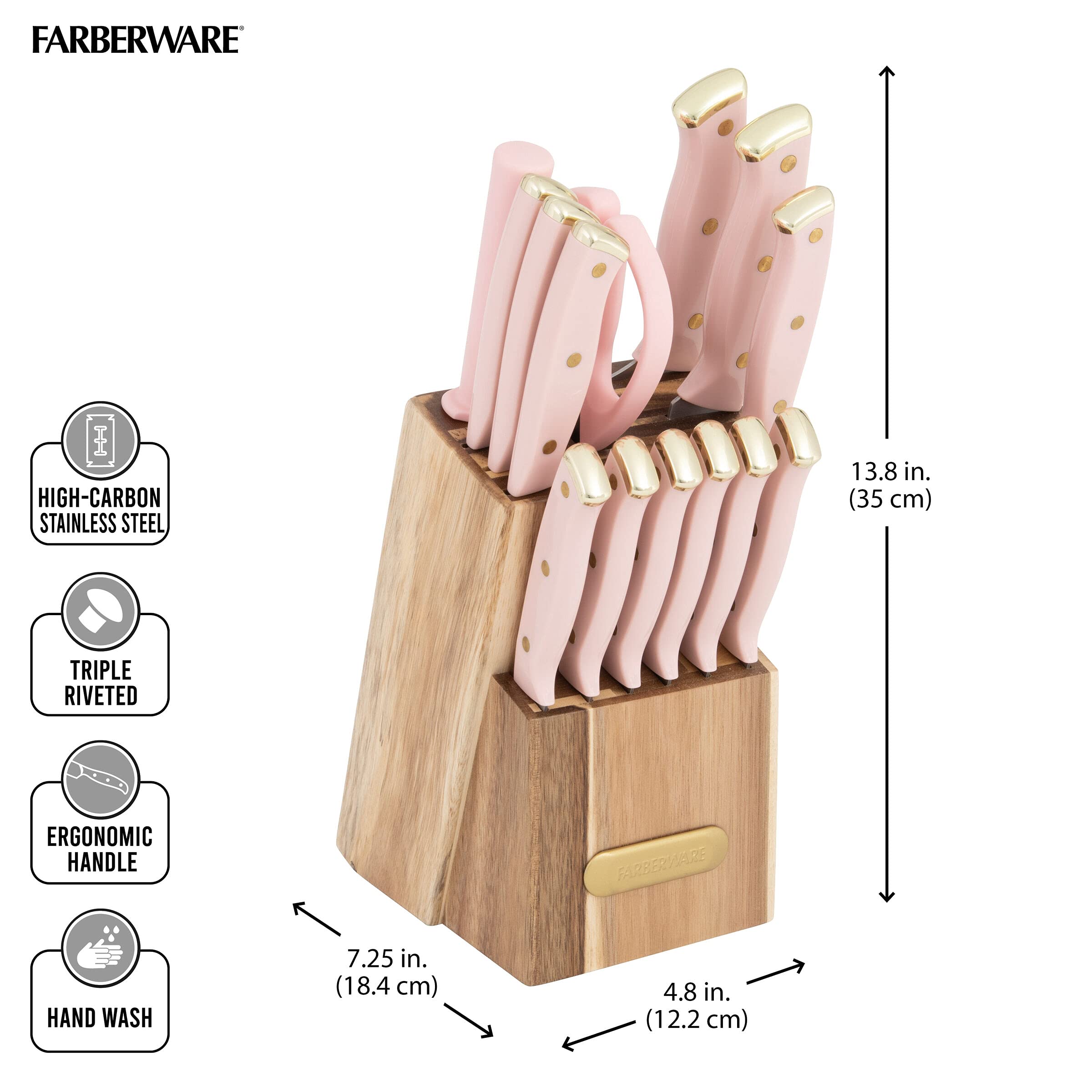 Farberware 15-Piece Triple Riveted Acacia Wood Knife Block Set - High Carbon Stainless Steel Kitchen Knives with Ergonomic Handles - Razor Sharp Knife Set in Pink and Gold - Perfect for Home Cooking, Professional Chefs & Gift Giving
