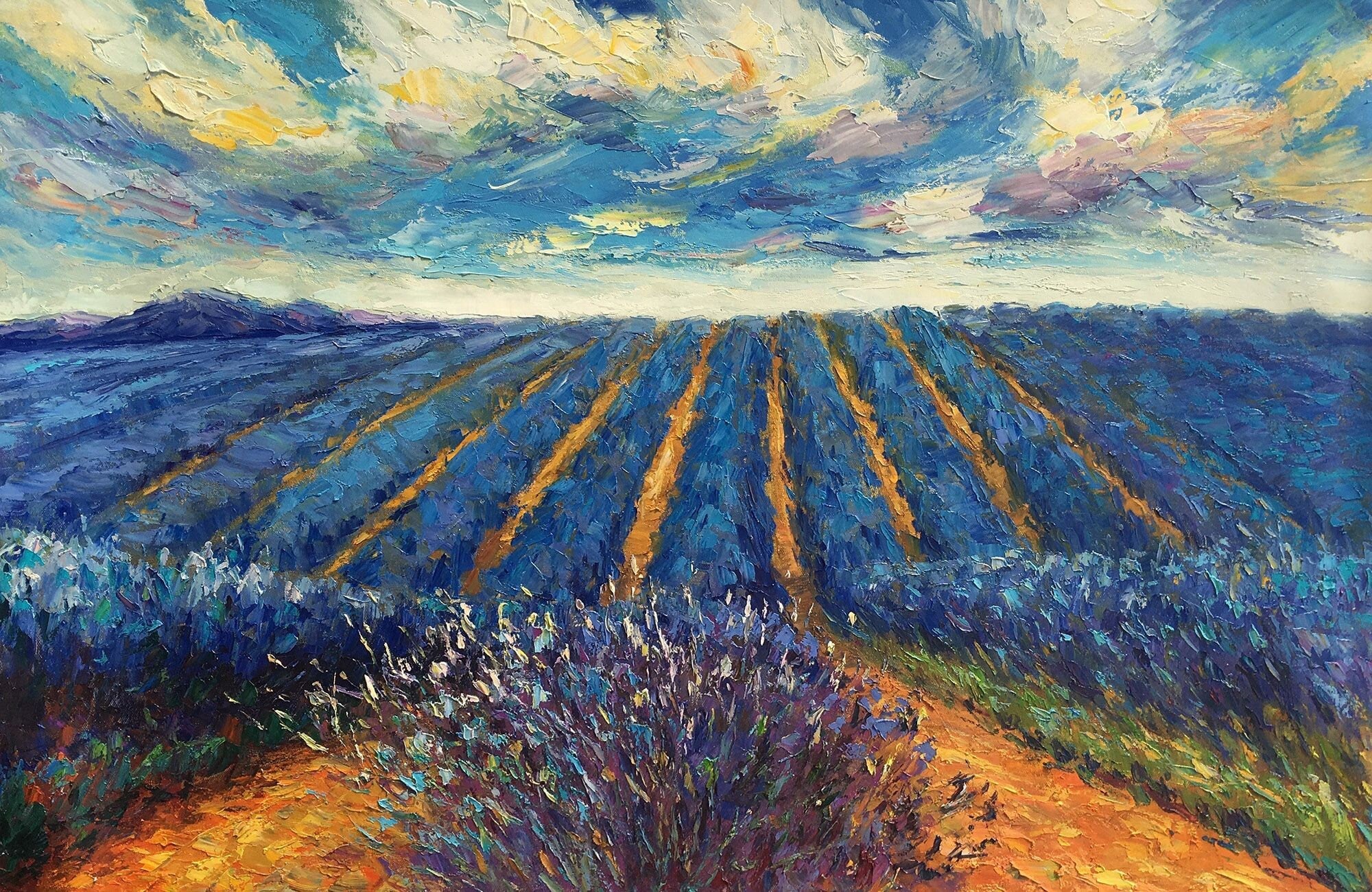 French Provence Lavender Fields Landscape Oil Painting on Canvas - Large Contemporary Wall Art for Living Room, Bedroom & Office Decor