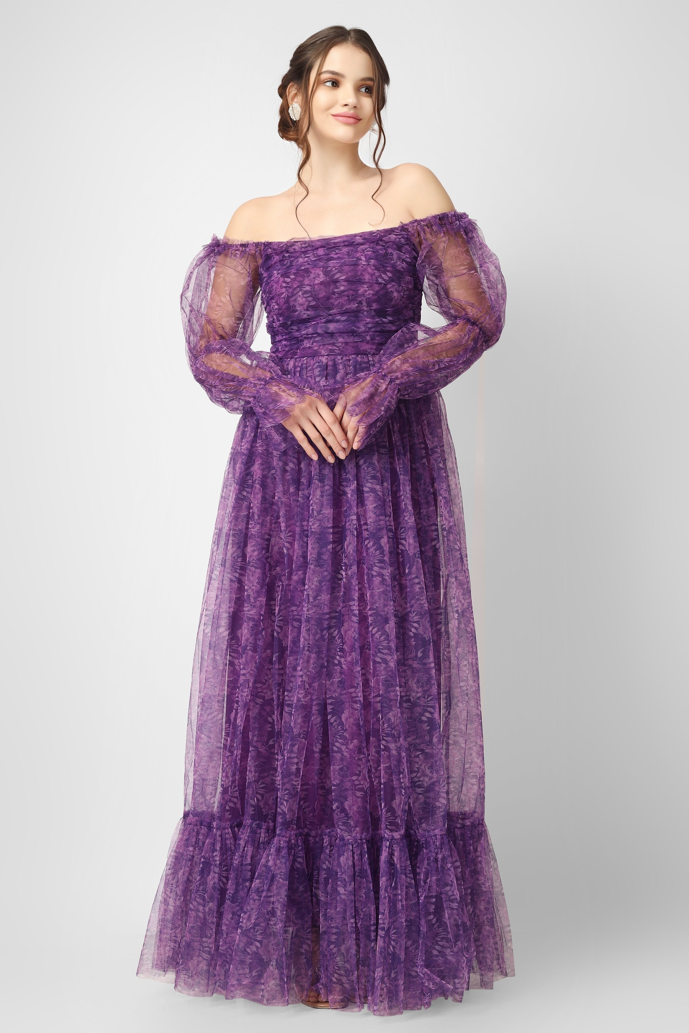 Elegant Ruth Purple Printed Tulle Dress for Women | Floral Lace Party Gown | Perfect for Weddings, Prom & Special Occasions