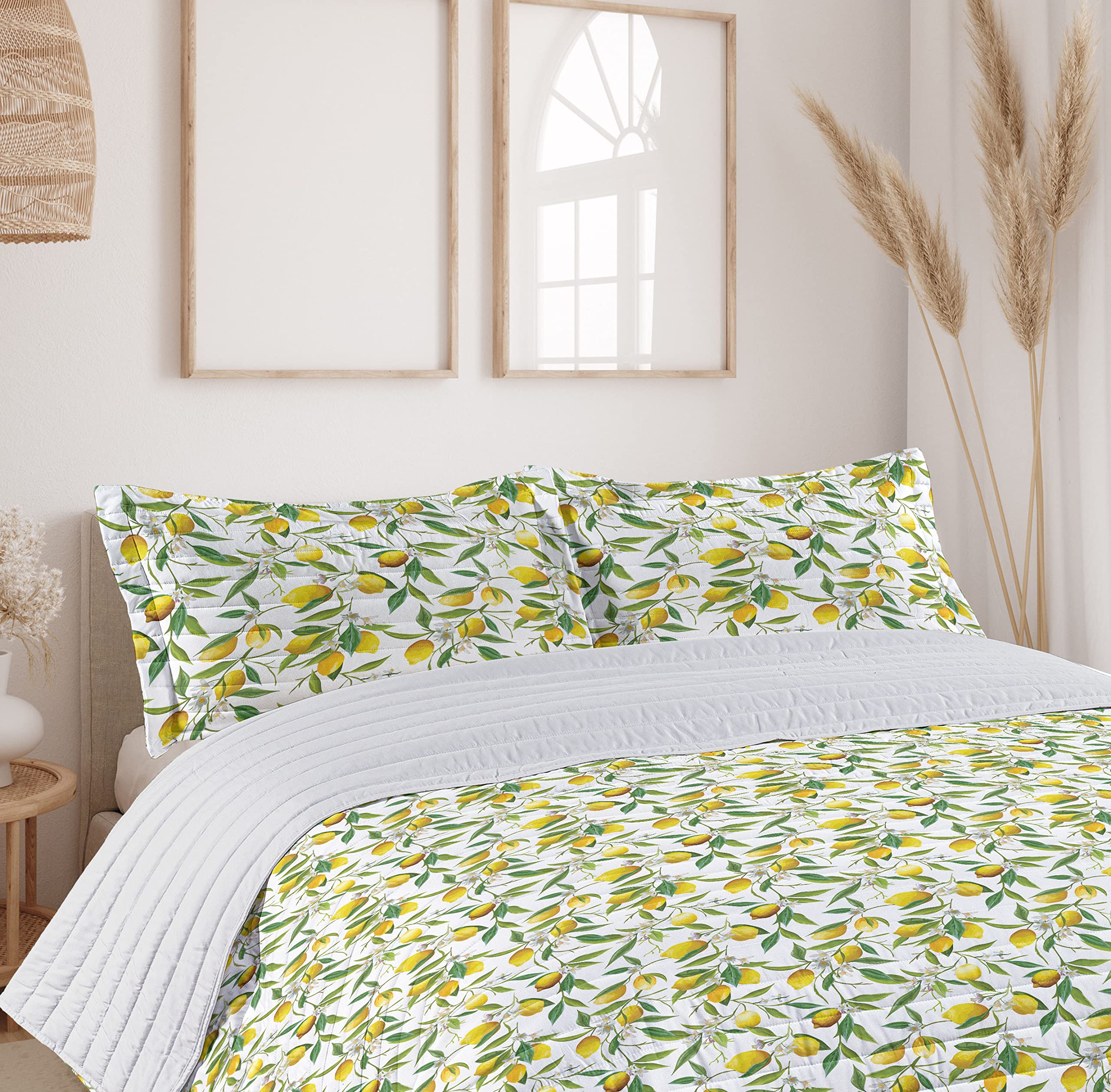 Ambesonne Queen Size Microfiber Bedspread Set - Flowering Lemon & Citrus Print, Soft Bedding with Pillow Shams & Comforter in Fern Green, Yellow & White | Nature-Inspired Bedroom Decor for Spring & Summer Refresh