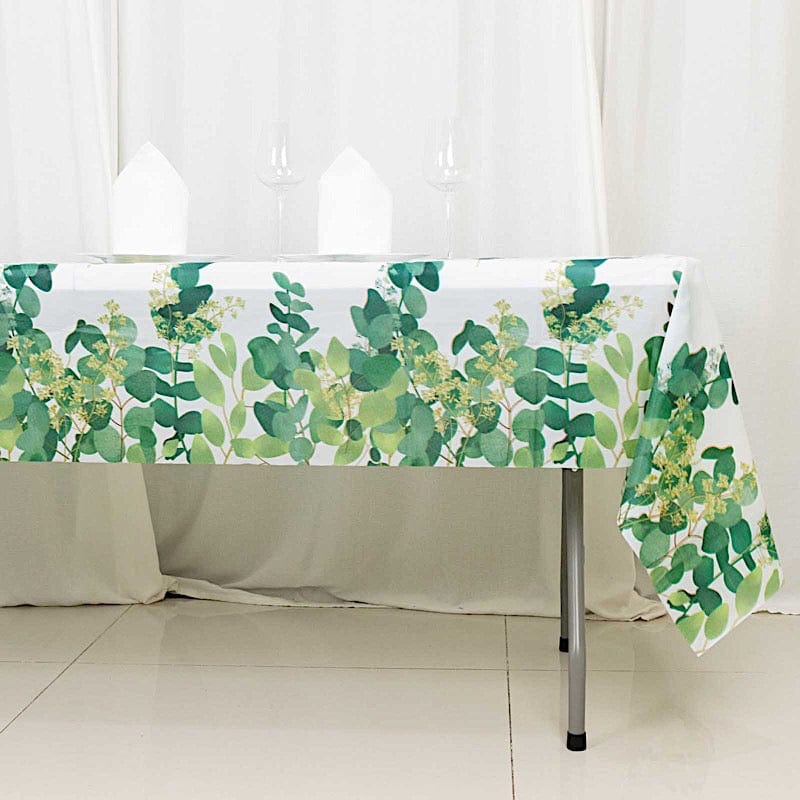 5 Pack 54x108 Inch Rectangular Plastic Tablecloths - White & Green Eucalyptus Leaves Design for Parties, Weddings, and Outdoor Dining