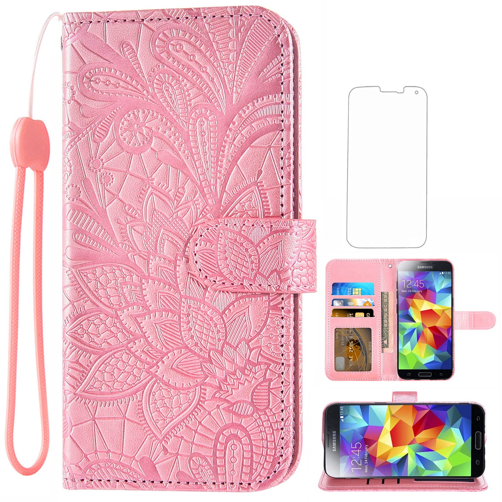 ASUWISH Samsung Galaxy S5 Case with Tempered Glass Screen Protector, Card Holder & Kickstand - Wallet Phone Cover for Galaxy S5/Neo/5S/G900A/G900T (Rose Gold) - Perfect for Women's Everyday Use & Travel Protection