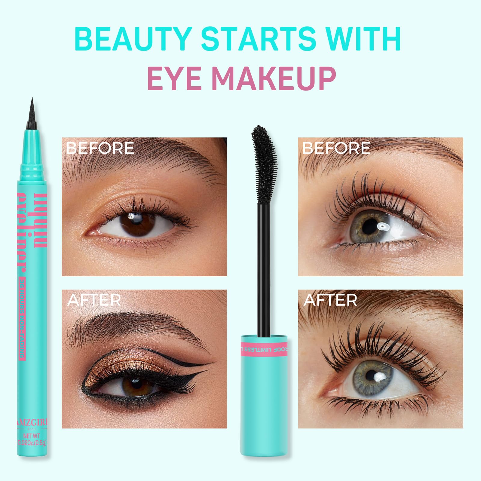 Waterproof Black Mascara & Liquid Eyeliner Set - Long-Lasting Smudge-Proof Eye Makeup Kit for Natural Voluminous Lashes & Precise Lines (V03) | Perfect for Everyday Wear, Date Night & Special Occasions