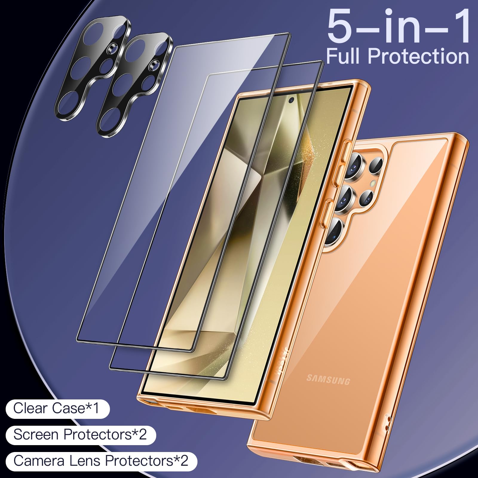 JETech 5-in-1 Protective Case for Samsung Galaxy S24 Ultra 5G - Includes 2 Tempered Glass Screen Protectors & Camera Lens Protector | Shockproof, Non-Yellowing Bumper Cover (Titanium Orange) | Perfect for Outdoor Activities, Travel & Daily Protection