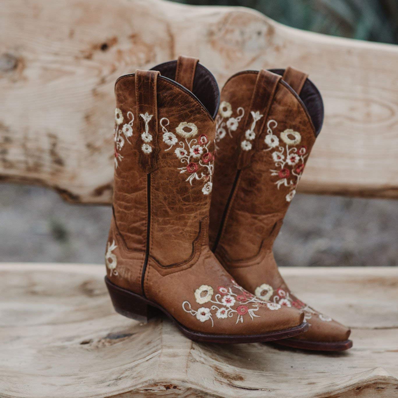 Soto Boots Women's Showstopper Snipped Toe Floral Cowgirl Boots – Genuine Leather Handcrafted Western Boots for Women | M50044 Tan | Perfect for Country Dancing, Rodeos & Western Fashion