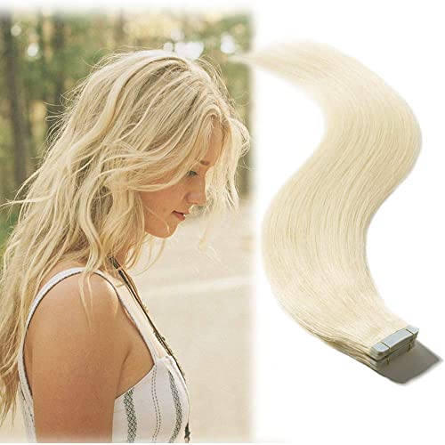 Benehair Remy Tape in Hair Extensions 20 Inch - 150g #60 Platinum Blonde Human Hair Wefts (60pcs) | Seamless Skin Weft for Natural Look | Perfect for Weddings, Parties & Daily Styling