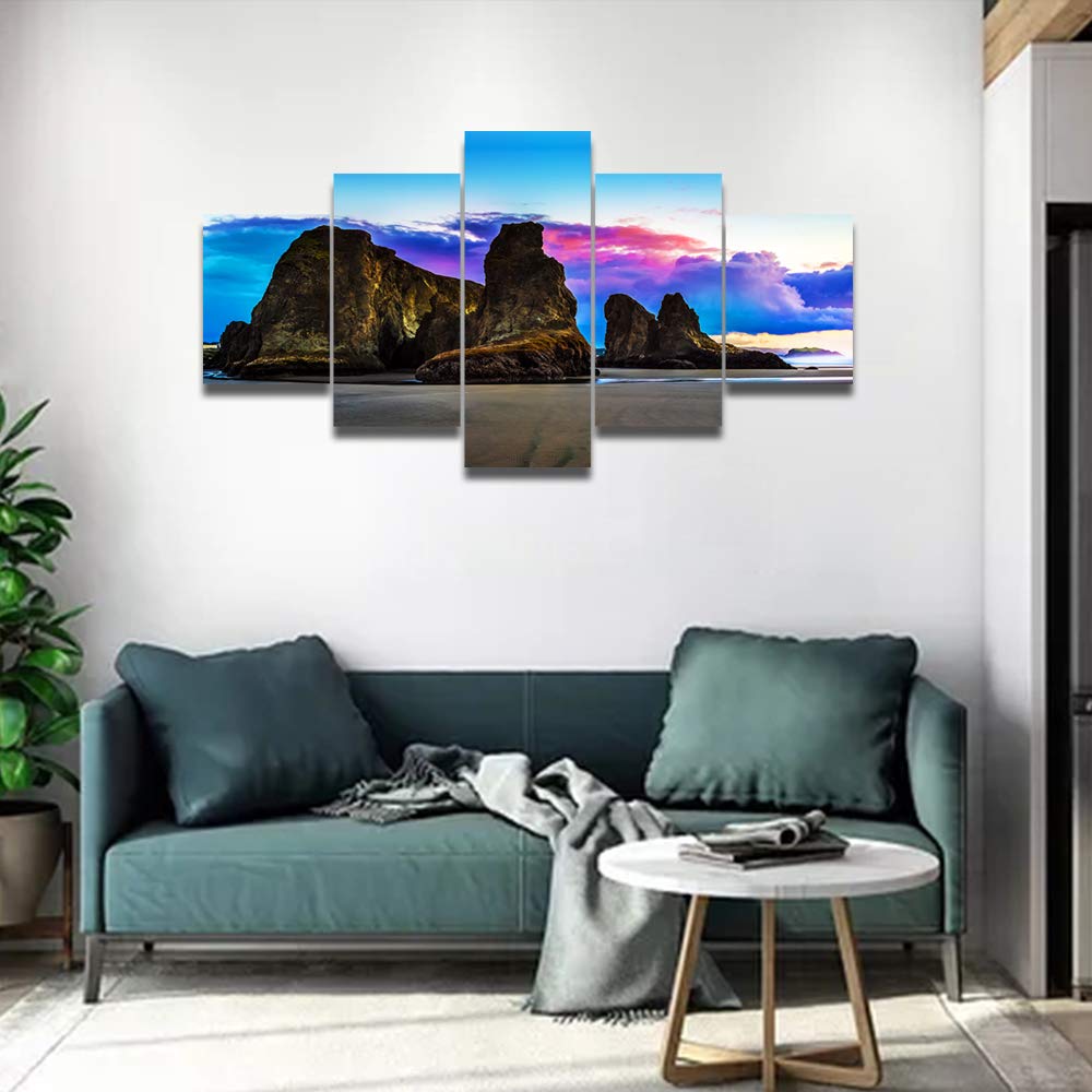 5-Panel Natural Canvas Wall Art - Weathered Rocks on Oregon Beach, Native American Style Sunset Ocean Painting - Framed Coastal Decor for Dining Room, Living Room & Bedroom