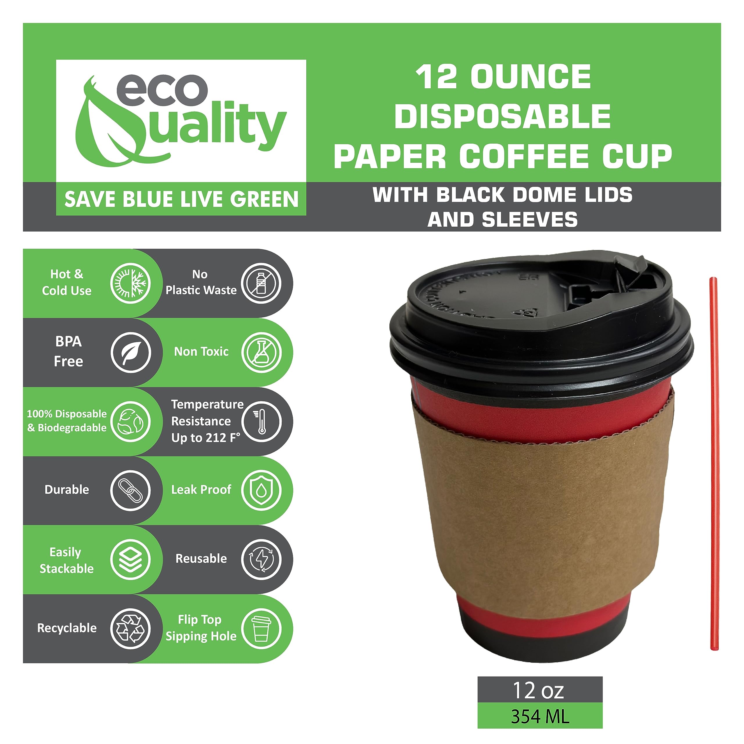 50-Pack 12oz Disposable Paper Coffee Cups with Black Lids, Sleeves & Stirrers - Eco-Friendly Hot/Cold Beverage Cups for Coffee, Tea, Hot Chocolate, Latte & Cappuccino - Perfect for Office, Travel, Parties & Cafes