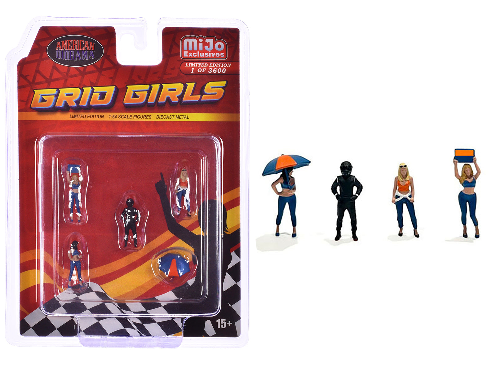 American Diorama 1/64 Scale Grid Girls 5-Piece Diecast Figure Set - 4 People Figures + 1 Umbrella, Limited Edition (3600 Worldwide) - Perfect for Model Car Displays, Diorama Scenes & Racing Collectors