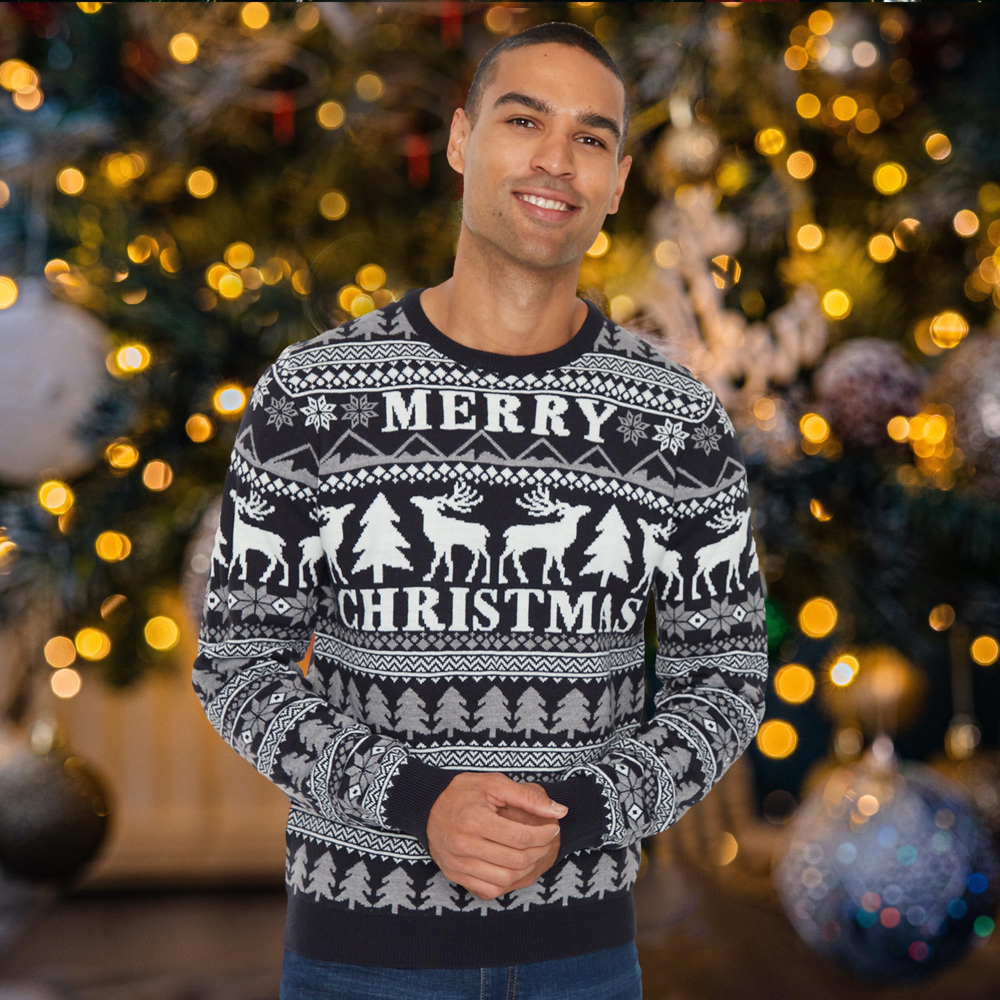 NOROZE Men's Christmas Sweater - Reindeer & Stag Nordic Polar Bear Holiday Knitwear, Festive Unisex Xmas Jumper for Parties & Family Gatherings