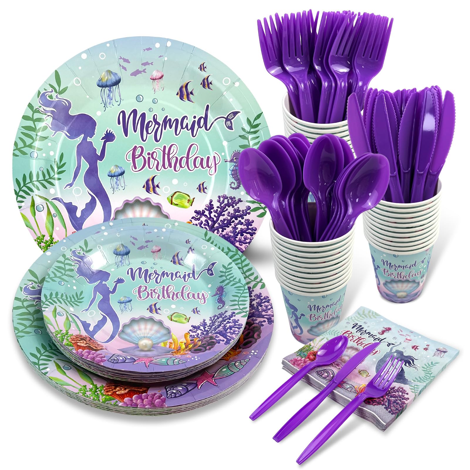 Mermaid Party Supplies Set - 20-Piece Disposable Tableware Kit for Girls Birthday (Plates, Cups, Napkins) | Under the Sea Ocean Theme Party Decorations | Perfect for Princess Themed Birthday, Baby Shower & Mermaid Celebration