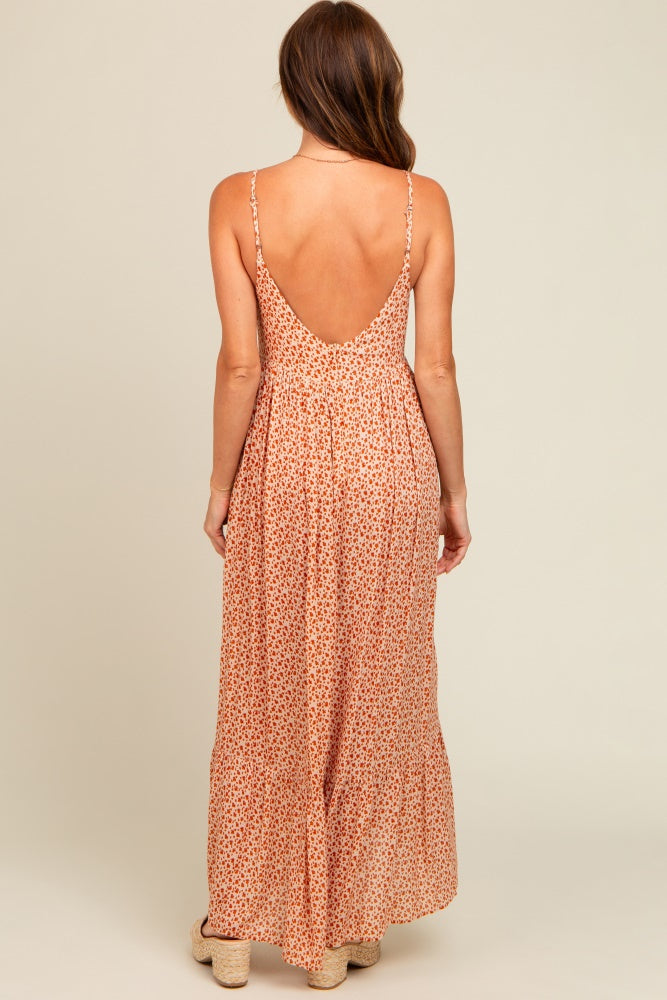 Beige Floral Tie Front Maxi Dress for Women - Summer Boho Chic Long Dress with Side Slit - Perfect for Beach Vacations, Weddings & Date Nights