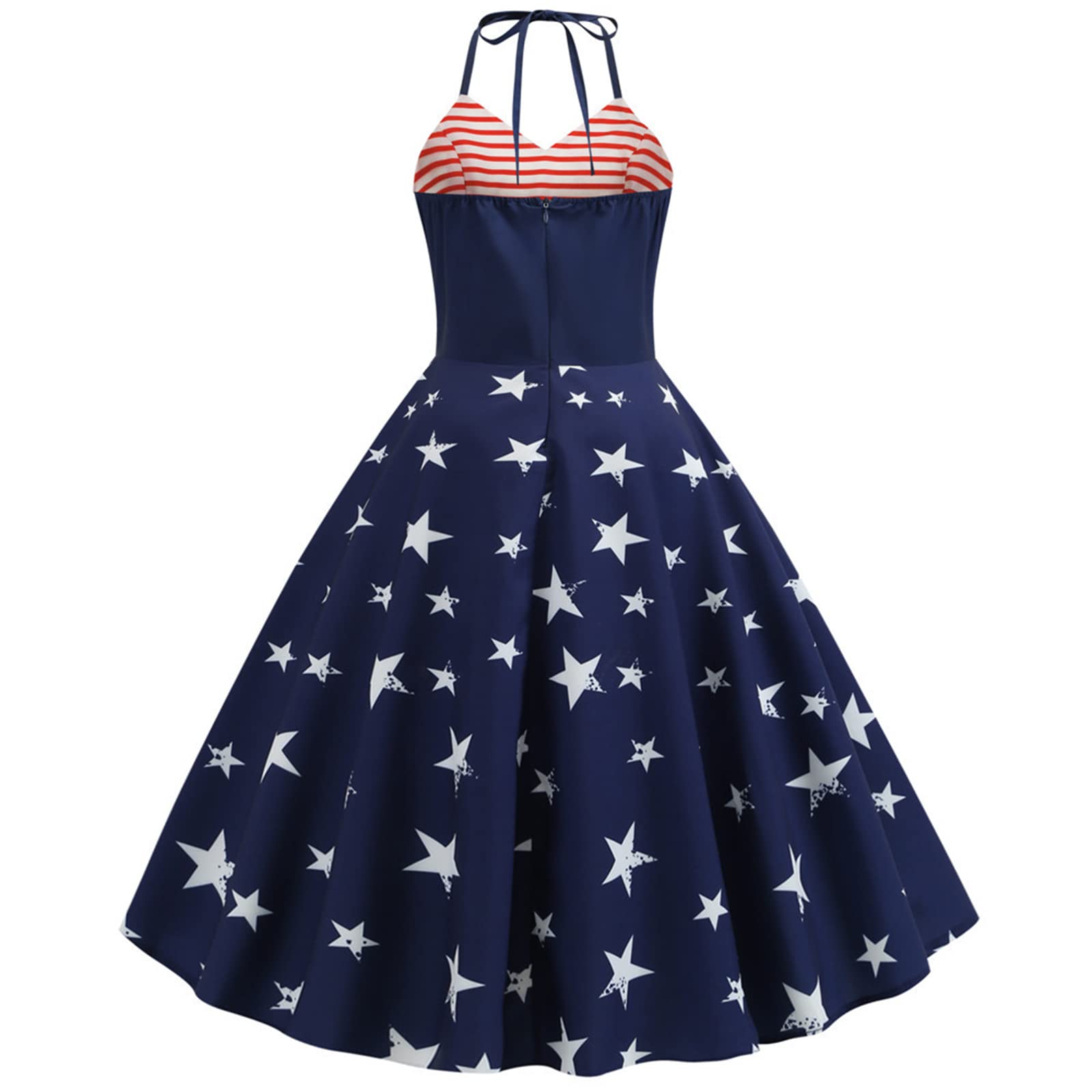 Kimsummerja Women's 4th of July Dress - Patriotic Stars & Stripes Halter Neck Swing Dress for Summer | Perfect for Independence Day Celebrations, Beach Vacations & BBQ Parties