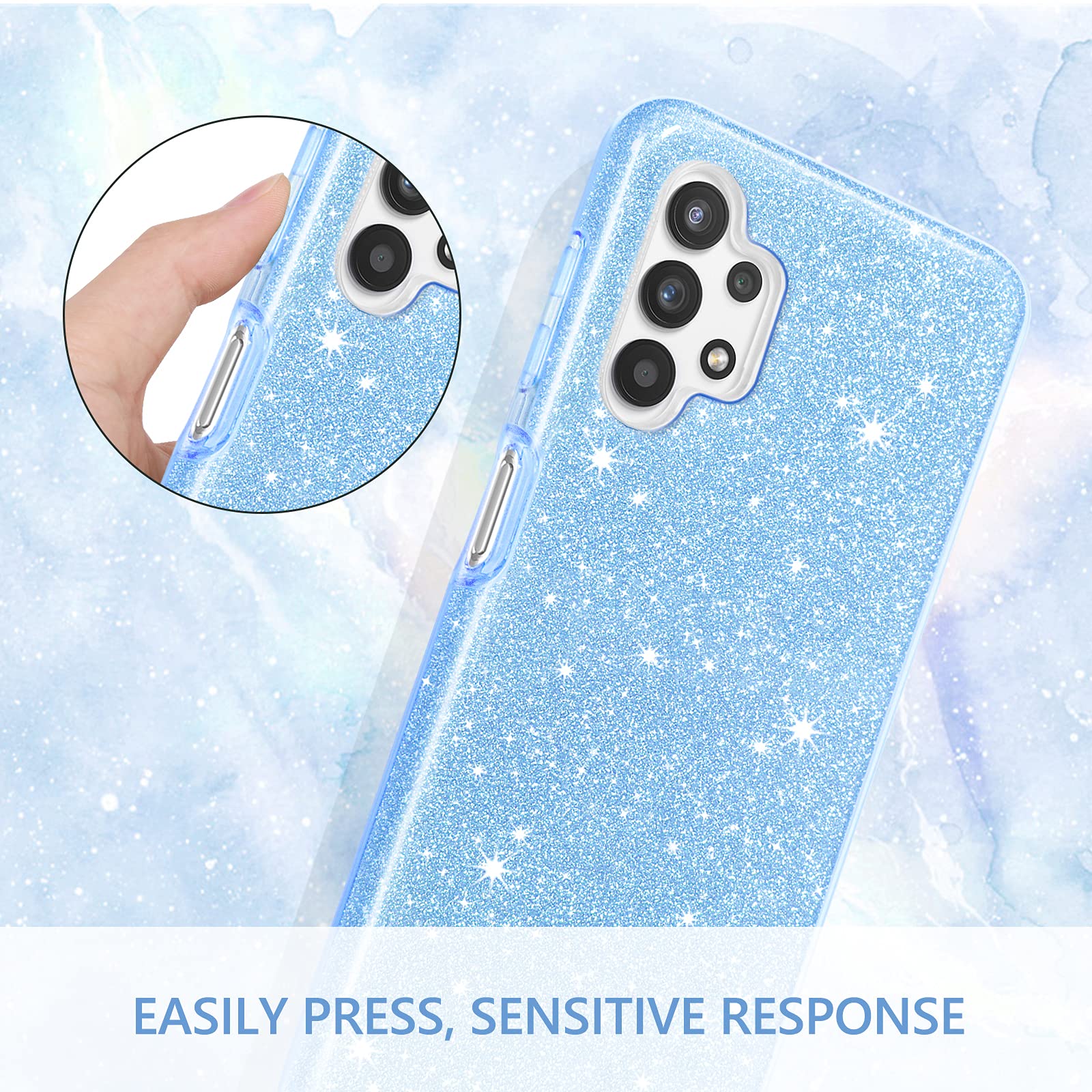 Sparkly Glitter Samsung Galaxy A32 5G Case - Shockproof Protective Hybrid Cover with Finger Ring & Kickstand for Women | Perfect for Daily Use, Work & Travel (Blue)