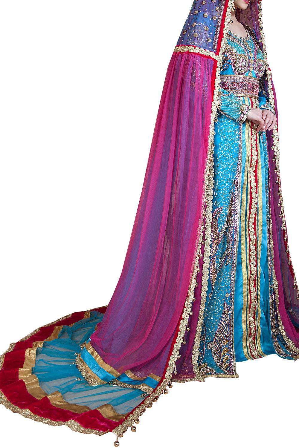 Elegant Arabic Muslim Wedding Caftan - Long Sleeve Dark Pink & Ferozi Designer Dress with Veil | Perfect for Bridal Ceremonies, Henna Nights & Special Occasions