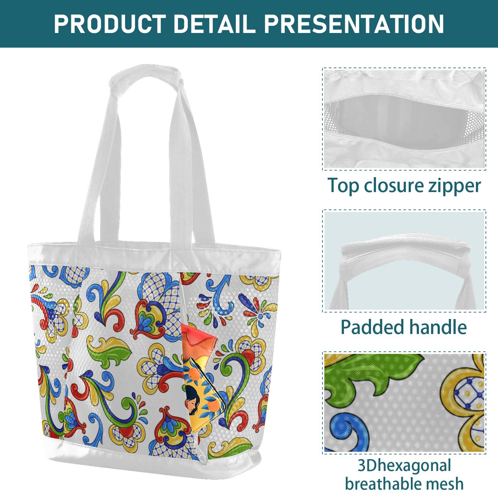 J JOYSAY Mexican Ethnic Style Mesh Beach Tote Bag - Large Waterproof Women's Beach Handbag with Top Handle, Reusable Grocery & Gym Bag - Perfect for Pool Party, Vacation, Shopping & Workout