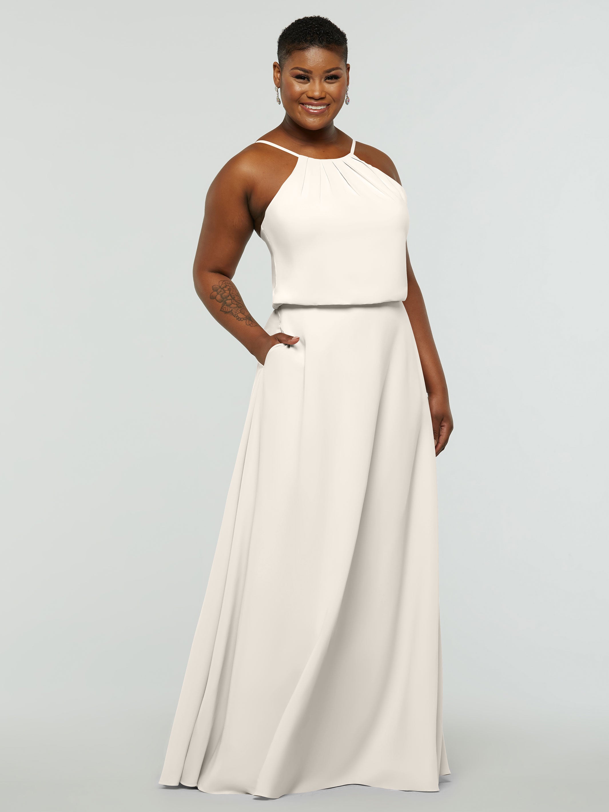 Elegant 83015 Stretch Chiffon A-Line Bridesmaid Dress with Halter Neckline - Perfect for Weddings, Formal Events & Special Occasions