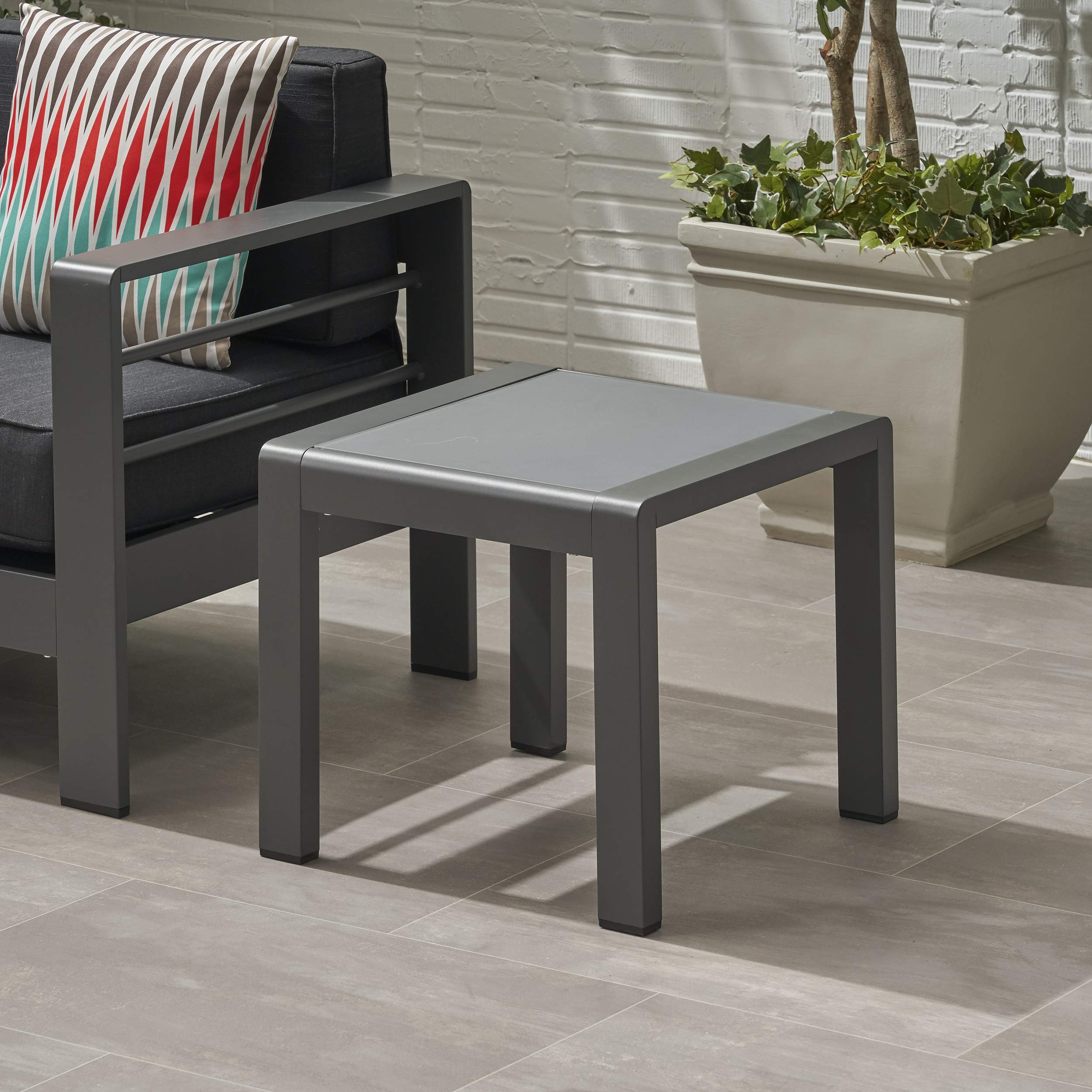 Giovanna Coral Outdoor Aluminum Side Table with Tempered Glass Top - Matte Gray & Gray Finish - Patio, Poolside & Garden Furniture for Outdoor Relaxation