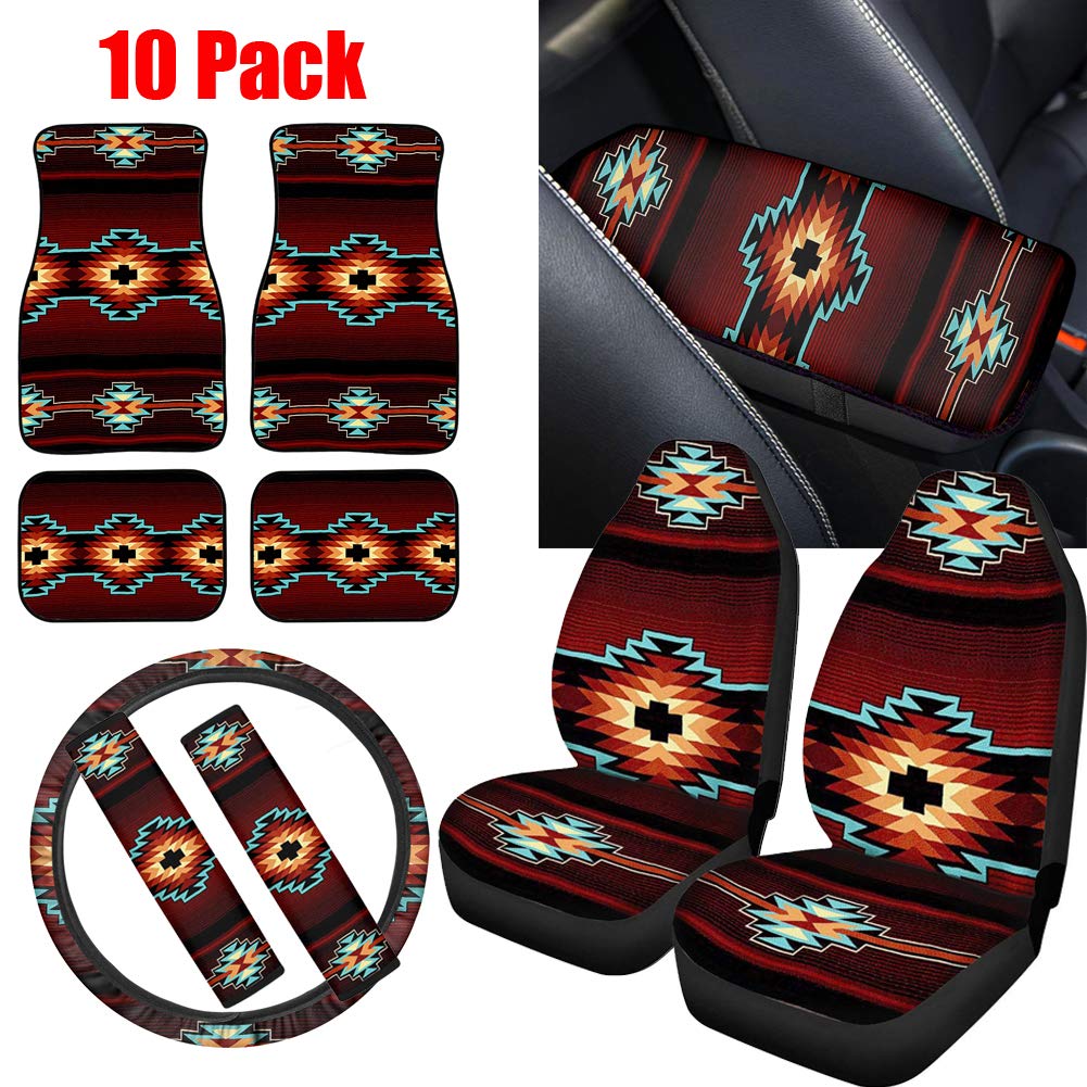 ELEQIN Native Aztec Tribal Car Seat Covers Set - Heavy Duty Front & Rear Floor Mats, Steering Wheel Cover, Center Console Armrest Cushion & Seat Belt Covers (10-Piece Combo) - Perfect for SUVs, Trucks & Off-Road Vehicles - Durable Protection & Stylish Interior Upgrade