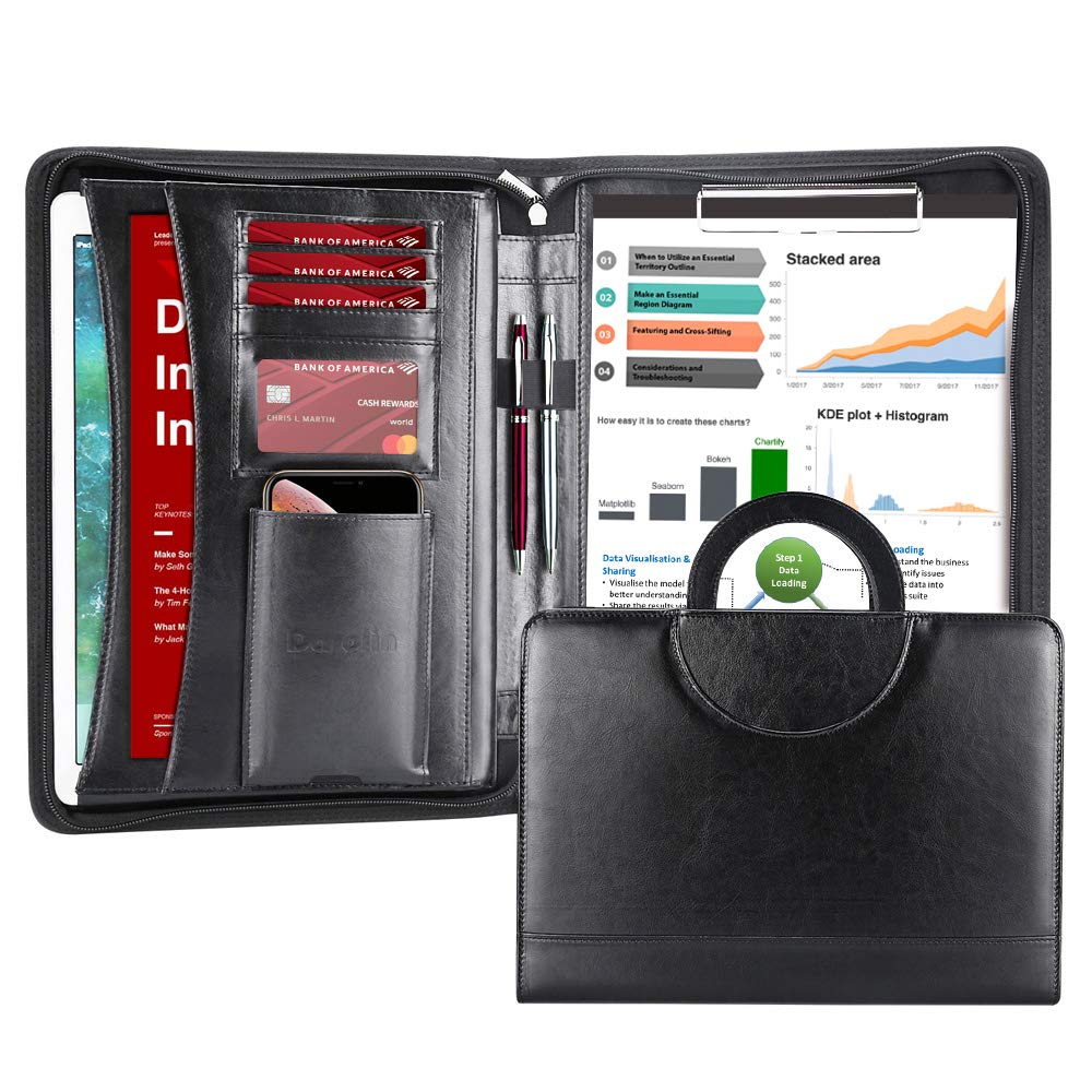 Darolin Zippered Leather Padfolio Portfolio - Professional Business Organizer with Hidden Handle & Clipboard - Stylish Notepad Folder for Women & Men - Perfect for Meetings, Conferences & Office Use (Black)
