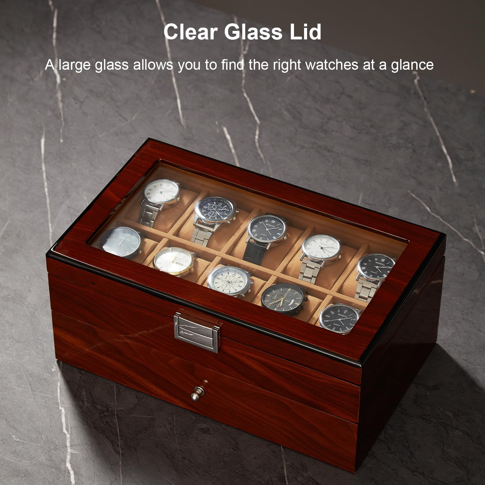 10-Slot Wooden Watch Box with Glass Lid & Drawer - 2-Layer Jewelry Organizer for Men & Women - Perfect for Watch Display, Collection Storage & Gift Giving