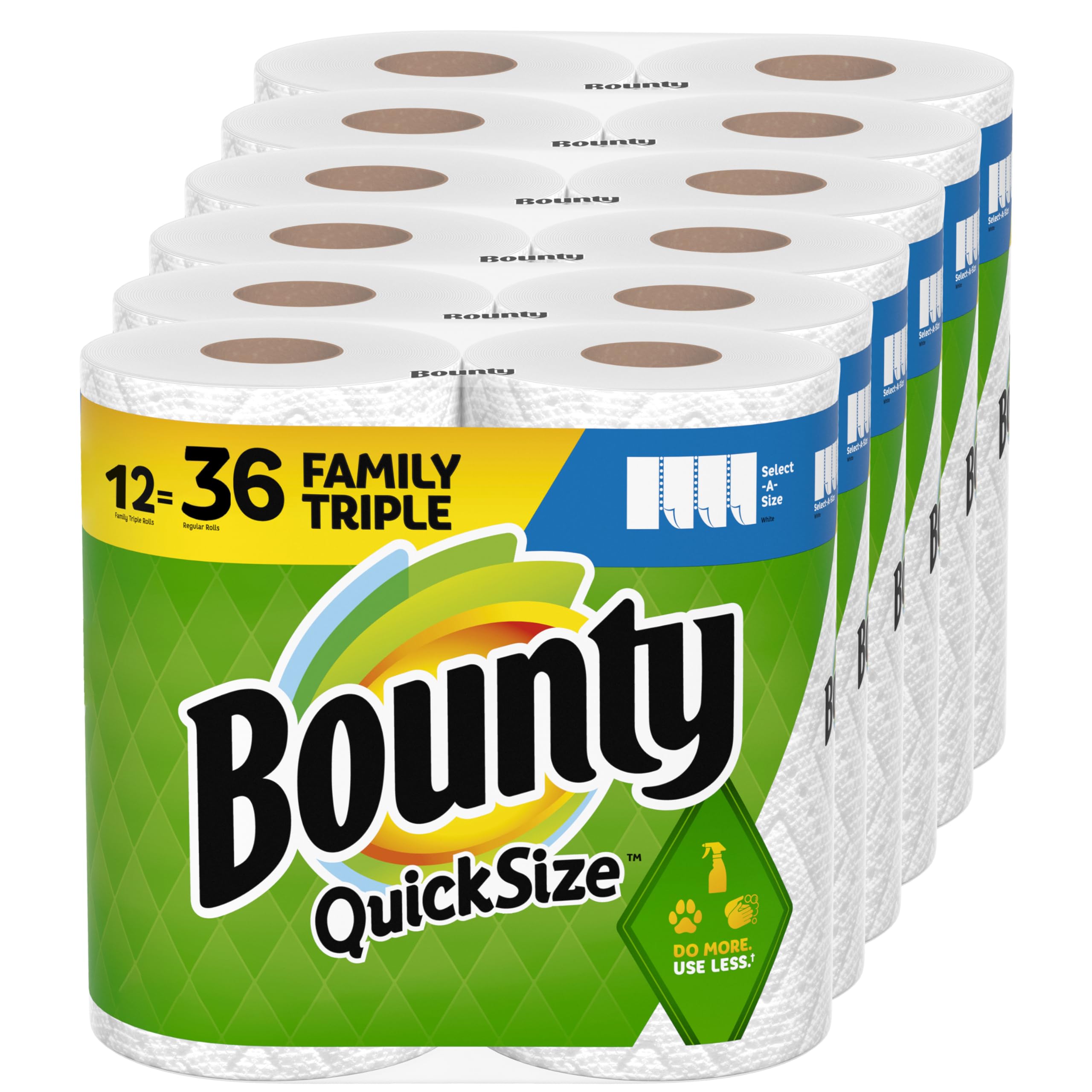 Bounty Quick-Size Paper Towels, White, 12 Family Triple Rolls (36 Regular Rolls) - Super Absorbent & Durable for Kitchen Cleaning, Spills, and Household Use