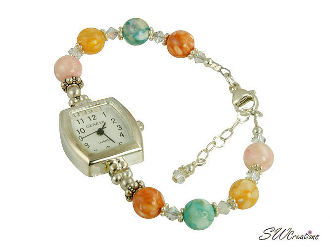 Elegant Mother of Pearl Shell Beaded Watch for Women - Luxury Pearl Bracelet Watch with Crystal Accents - Perfect for Weddings, Parties & Special Occasions