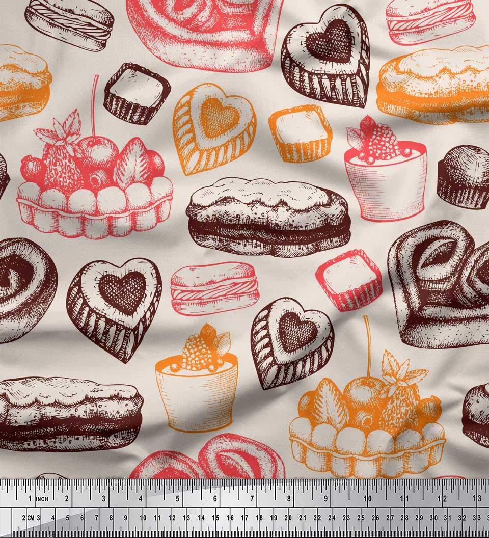 Soimoi Rayon Fabric by the Yard - 42 Inch Wide Burger & Fruit Cake Food Print Fabric for DIY Crafts, Quilting, and Home Decor Projects