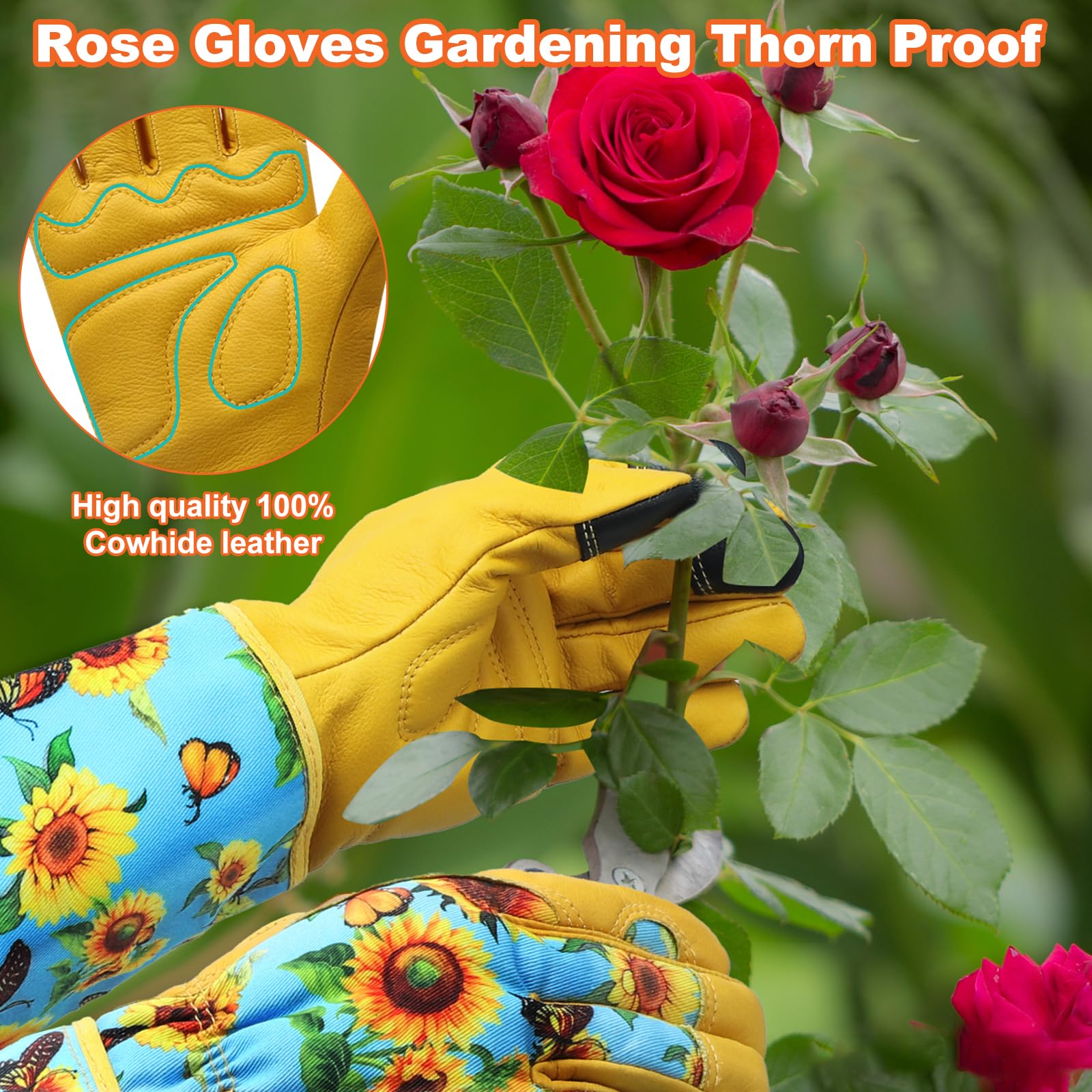 DLY Women's Gardening Gloves - Thorn Proof Rose Gloves, Breathable Cowhide Leather Gauntlet for Gardening (Medium, Blue) | Perfect for Rose Pruning, Weeding & Outdoor Yard Work