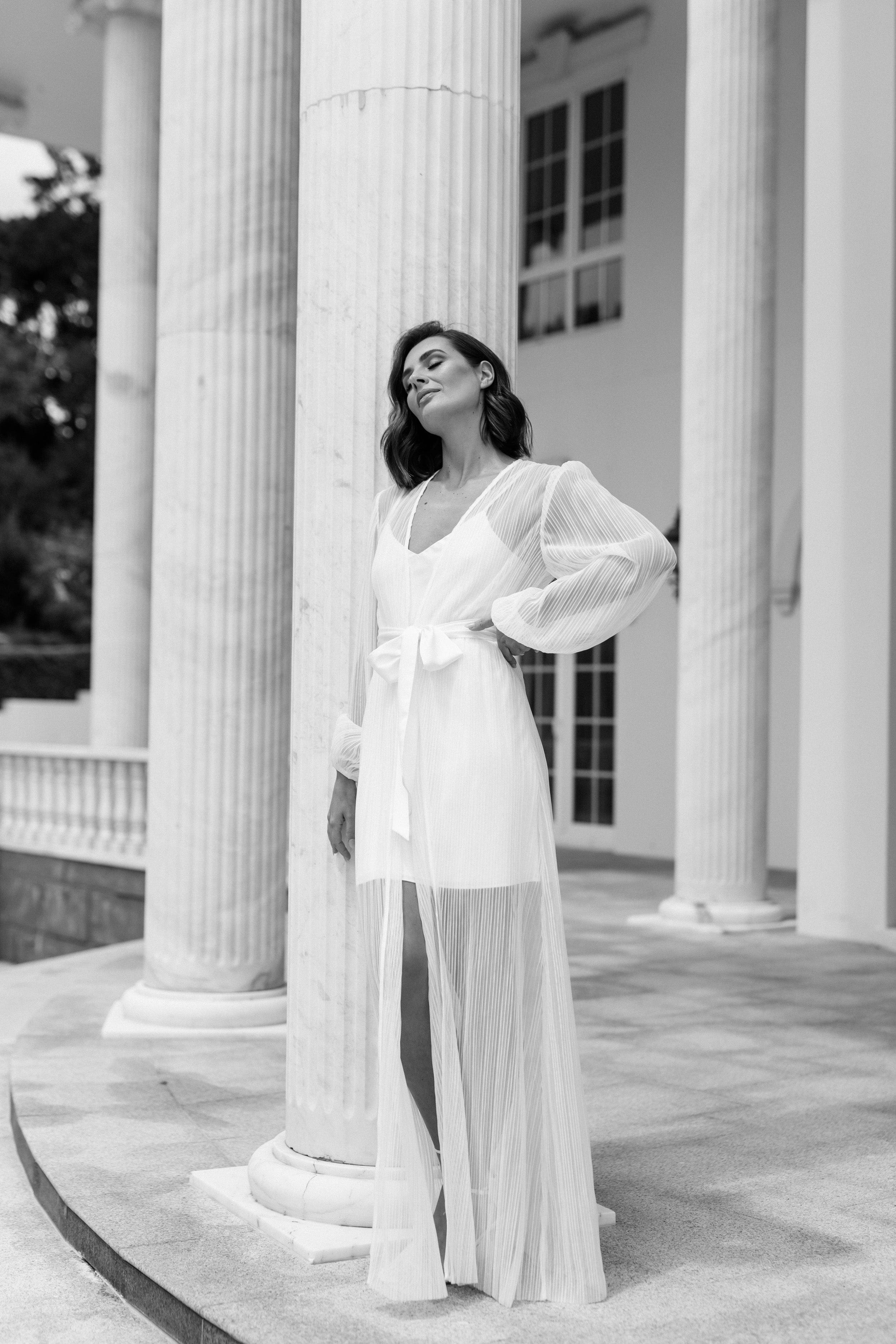 Georgia Pleated Maxi Bridal Robe with Slip - Elegant Wedding Gown for Bridal Shower, Getting Ready, and Pre-Wedding Photos