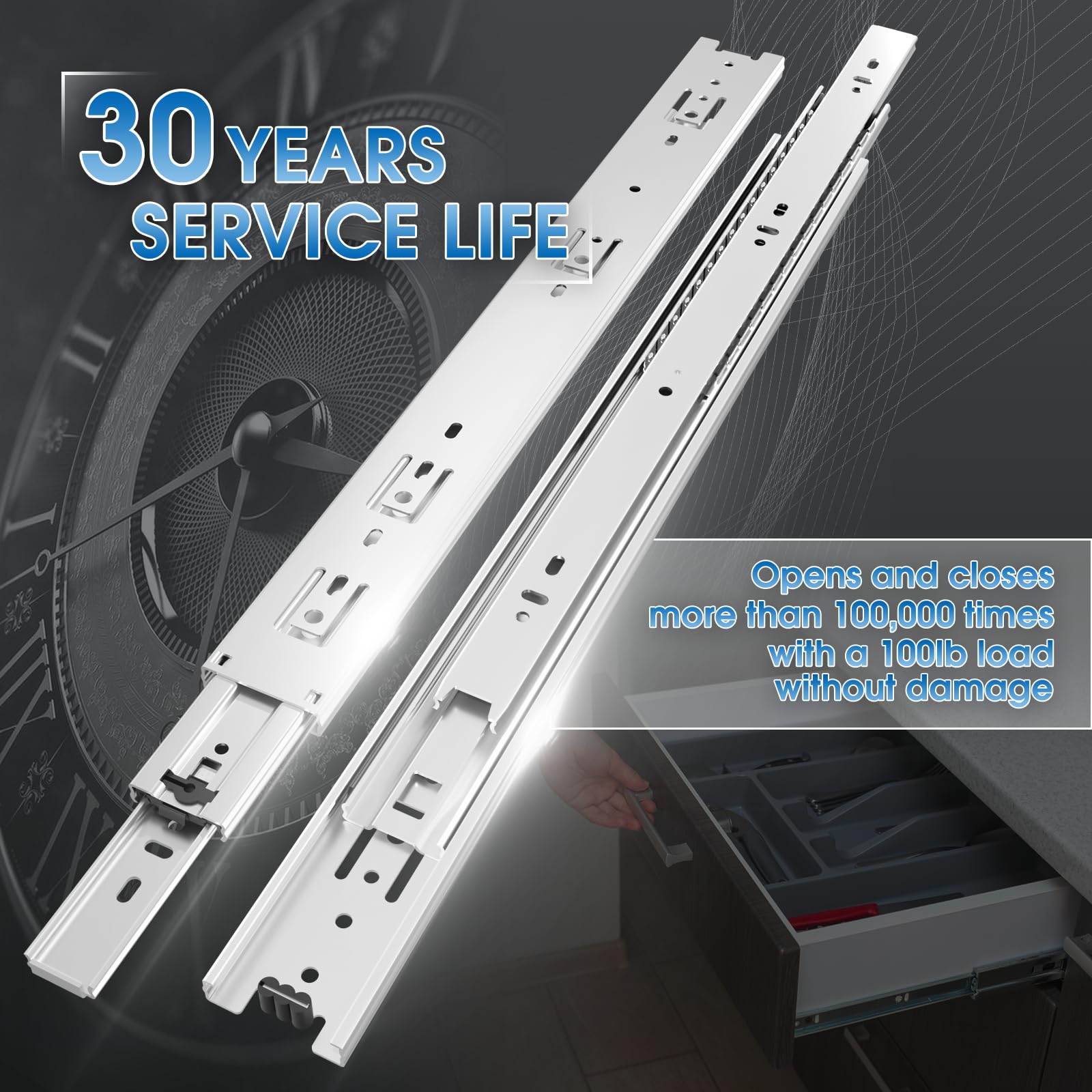 SHUHANG 1 Pair Full Extension Drawer Slides 8-24 Inch (8/10/12/14/16/18/20/22/24 Inch) 100 lb Load Capacity Ball Bearing Side Mount Cabinet Slides - Silver - Perfect for Kitchen Cabinets, Dressers, Wardrobes & Trash Can Storage