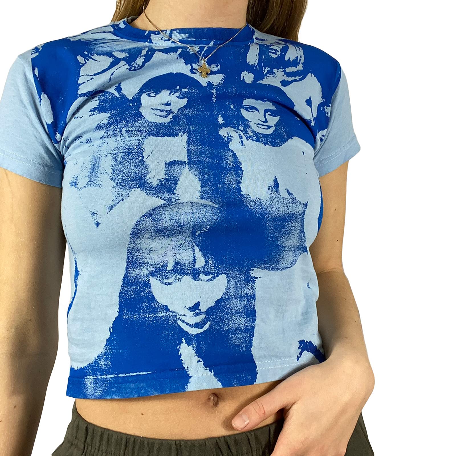 Y2K Women's Crop Tops - Face Portrait Printed Short Sleeve Slim Fit Tee Tank Top | E-Girl Summer Fashion | Perfect for Music Festivals, Streetwear & Casual Outfits