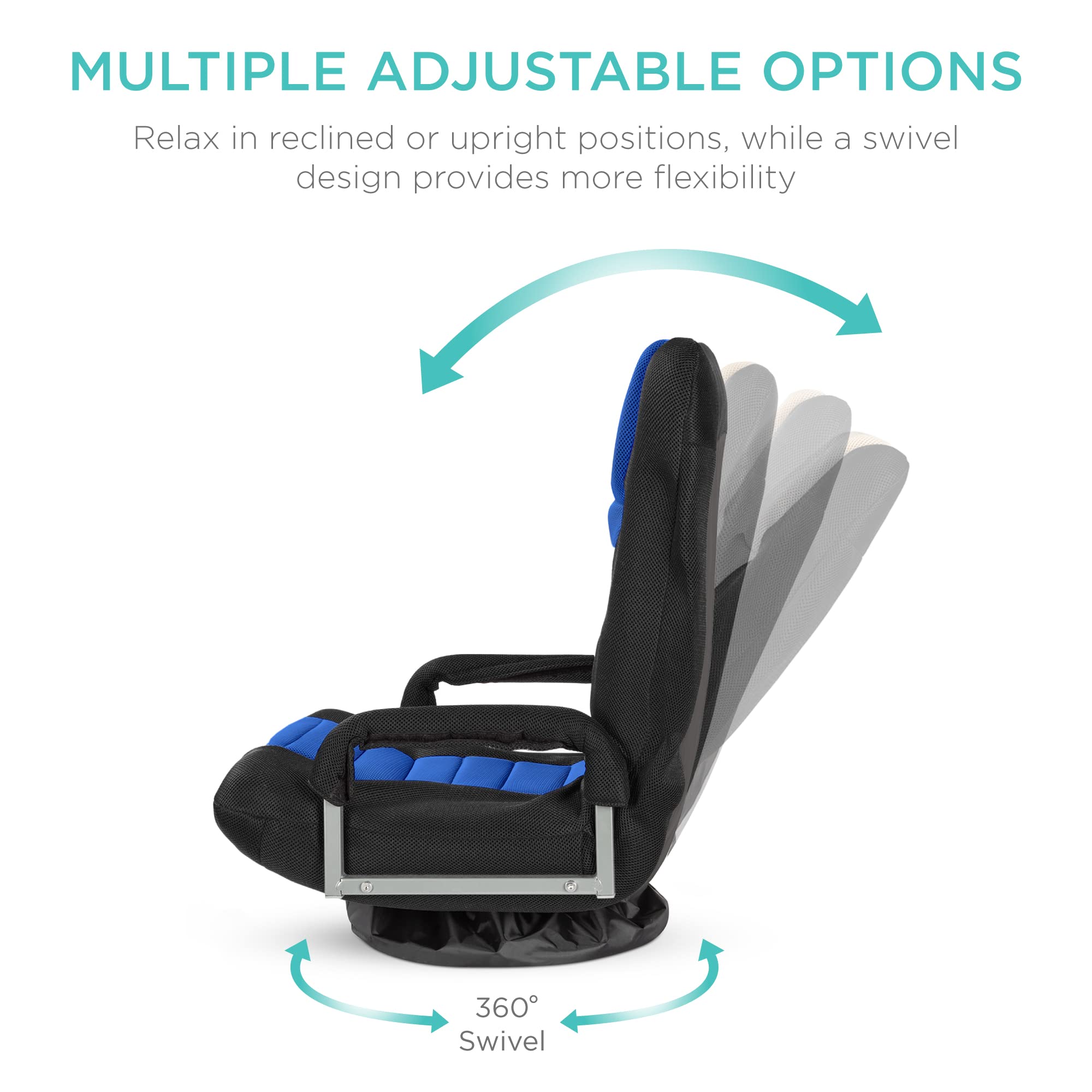 Best Choice Products 360 Degree Swivel Gaming Chair with Lumbar Support - Adjustable Foldable Backrest & Armrest Handles - Multipurpose Floor Rocker for TV Watching, Video Gaming, Reading - Black/Blue - Perfect for Home Office, Game Room & Relaxation
