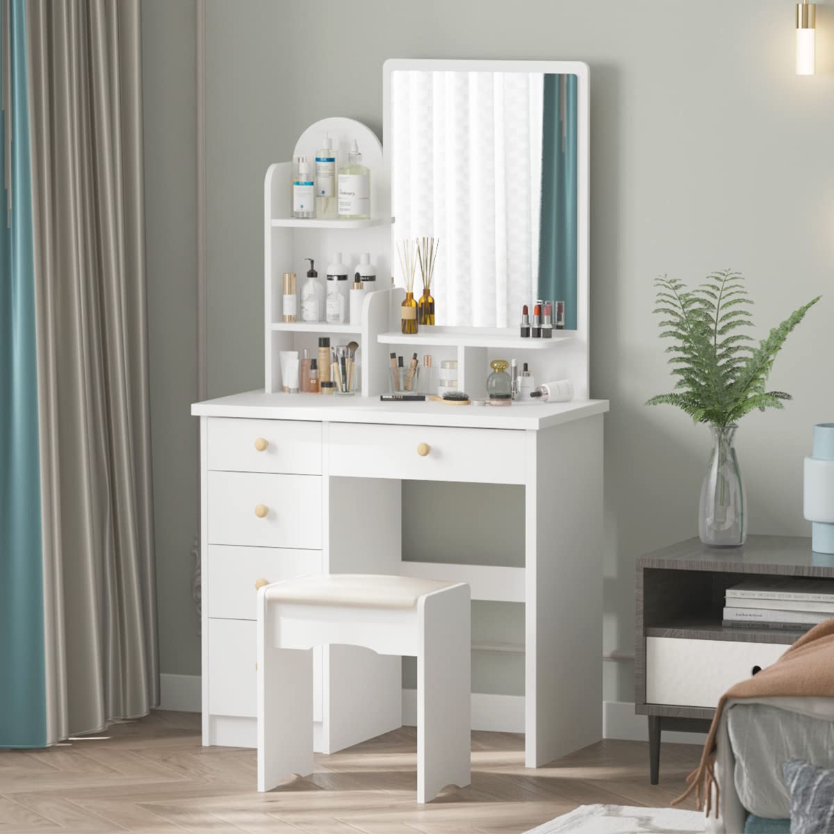 White Vanity Table Set with Mirror & Drawers for Girls & Women - Perfect for Makeup & Dressing