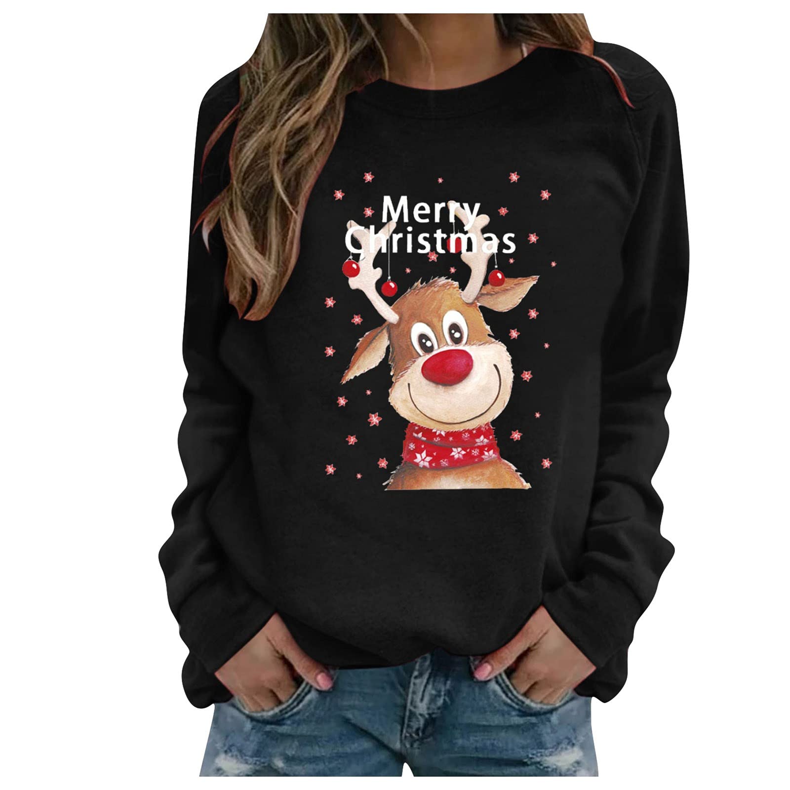 Women's Christmas Sweatshirt - Cute Reindeer Graphic Long Sleeve Pullover Top for Holiday Parties & Casual Winter Wear