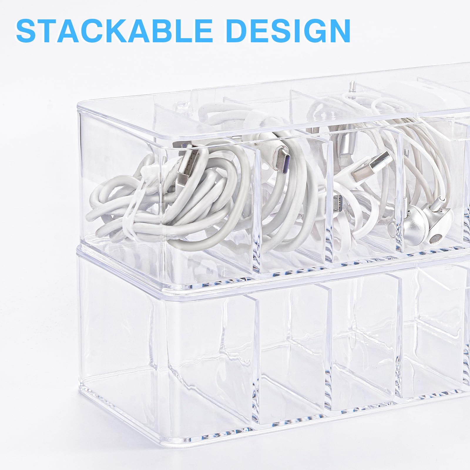 HOMEE 2-Pack Clear Plastic Cable Organizer Box with Lid - 8 Compartment Cord Storage for Chargers, Wires & Electronics - Perfect for Home, Office Drawer & Travel Organization (Cable Management Solution)