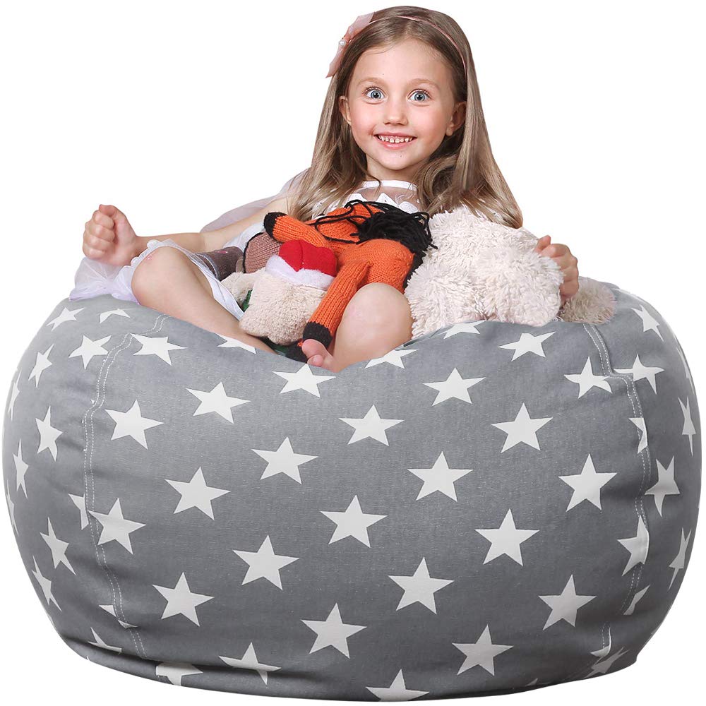 Premium Wekapo Stuffed Animal Storage Bean Bag Chair Cover for Kids – Large Cotton Canvas Organizer with Zipper | Grey Star Design | Perfect for Playrooms, Bedrooms & Toy Organization (X-Large)