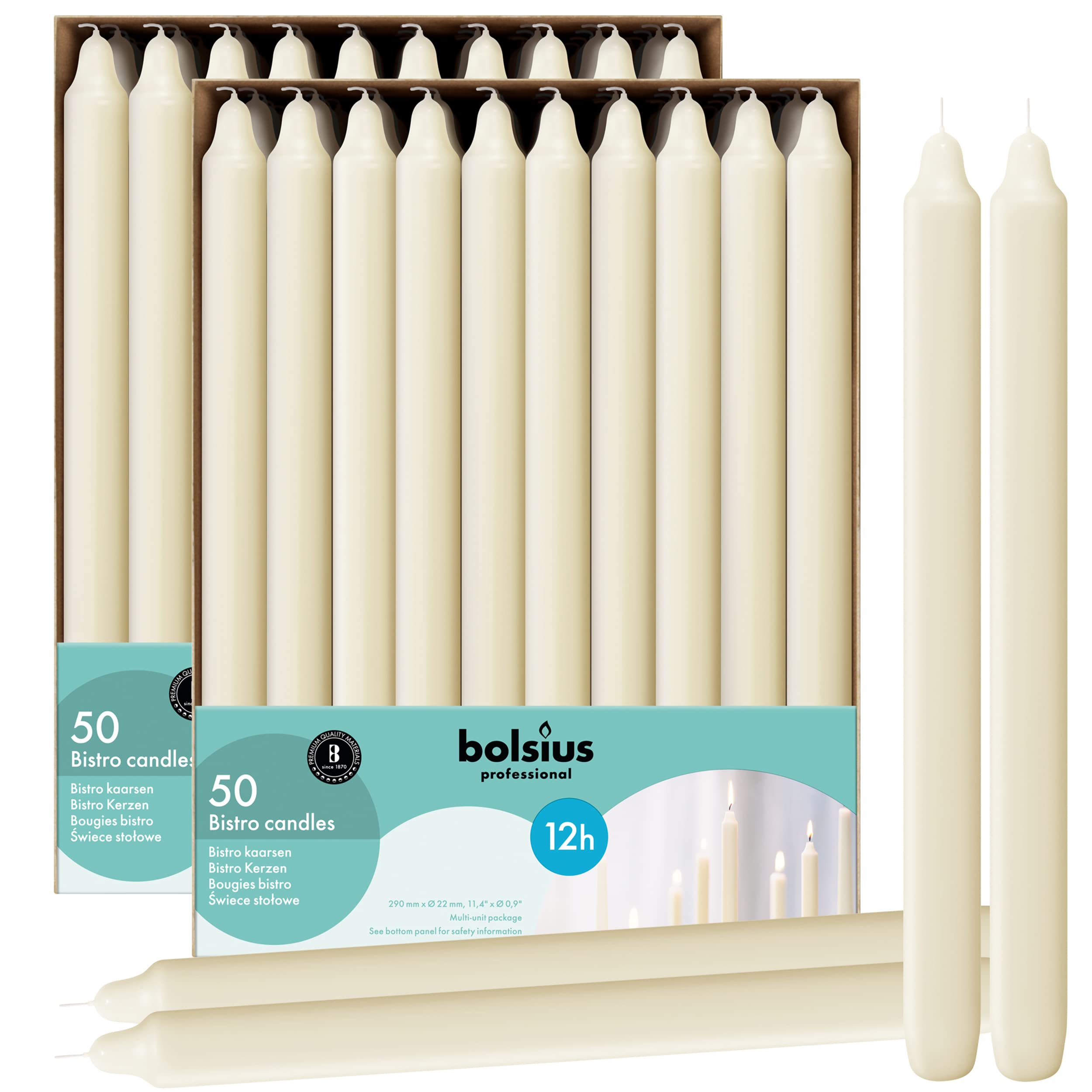 BOLSIUS 100-Pack Unscented Ivory Candles - 11 Inch Long Lasting 12 Hours - Emergency Candles for Power Outages, Romantic Dinners, Weddings, Christmas Decor & Home Ambiance Lighting