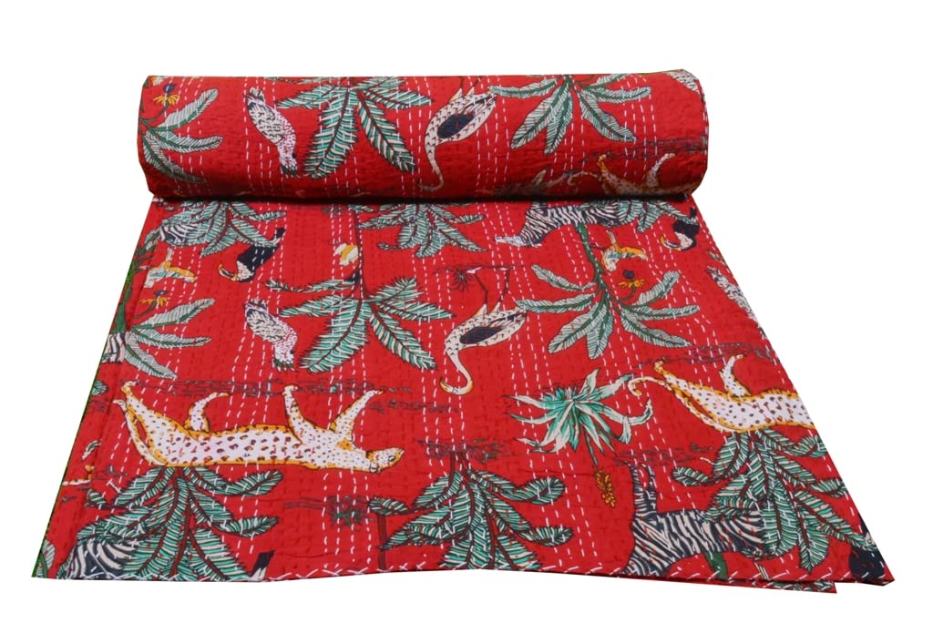 Indian Floral Print Kantha Quilt - Reversible Cotton Bedspread with Animal Print - Vintage Kantha Gudari for Twin/Queen/King Size (King, Red) - Perfect for Bohemian Bedroom Decor, Guest Room Accent, or Cozy Living Room Throw