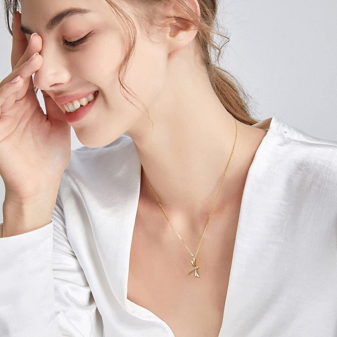 14K Solid Gold Dragonfly Diamond Pendant Necklace for Women - Adjustable 16