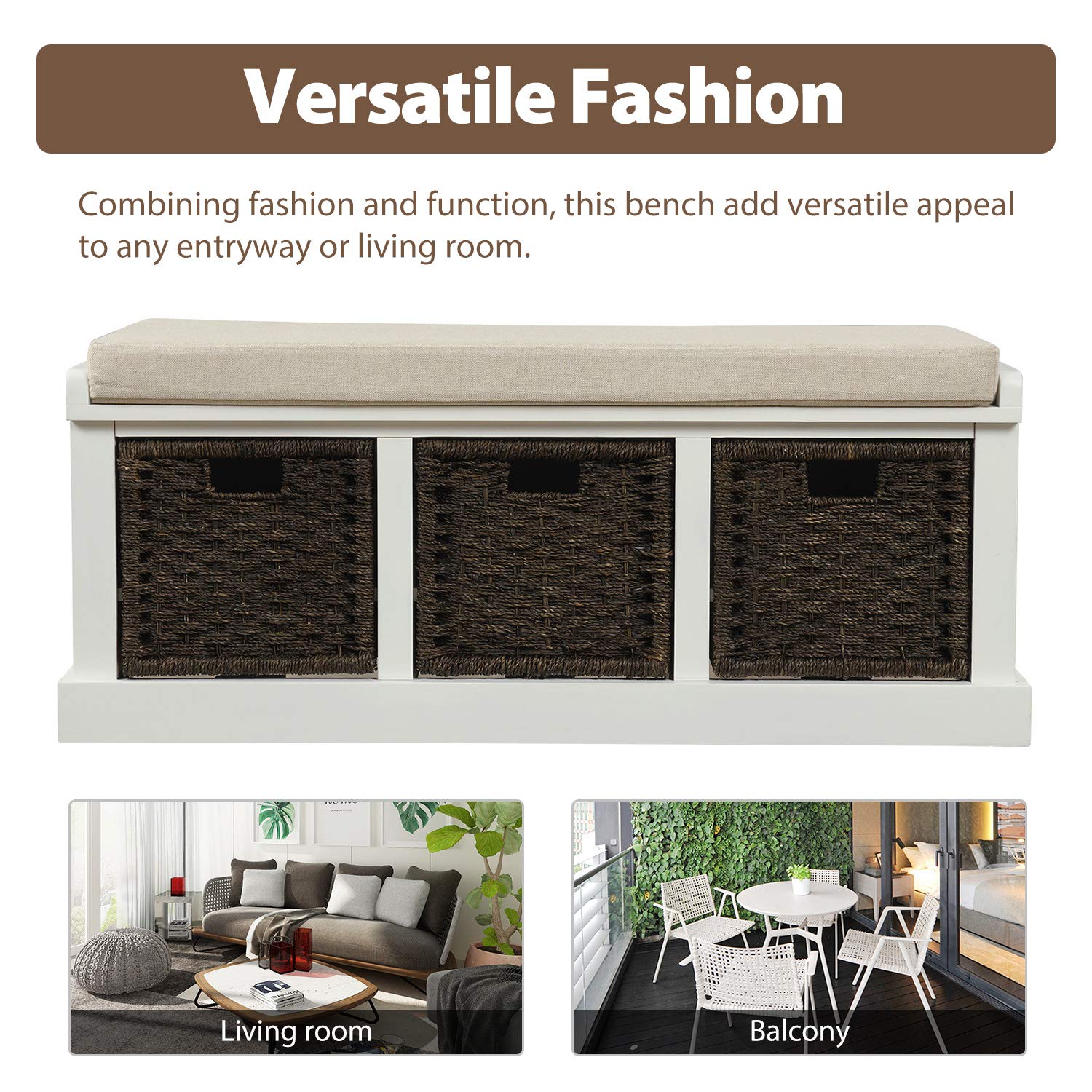Knocbel Entryway Storage Bench with 3 Woven Baskets & Removable Cushion - Shoe Bench for Hallway, Foyer or Bedroom - Fully Assembled White Bench (41.3