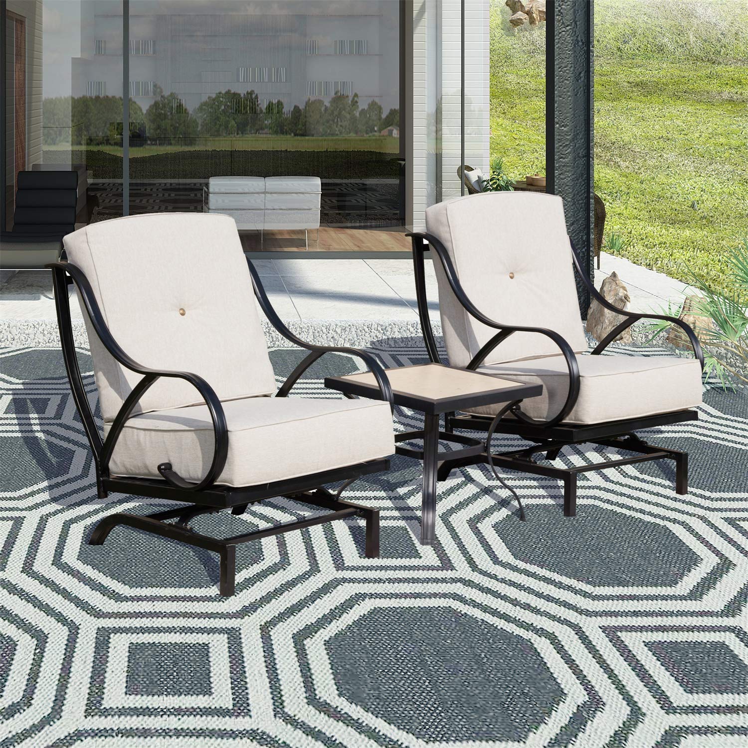 White 3-Piece Outdoor Patio Bistro Set with Rocking Chairs & Coffee Table - Metal Garden Furniture with Cushions for Balcony, Lawn, Deck & Backyard Relaxation