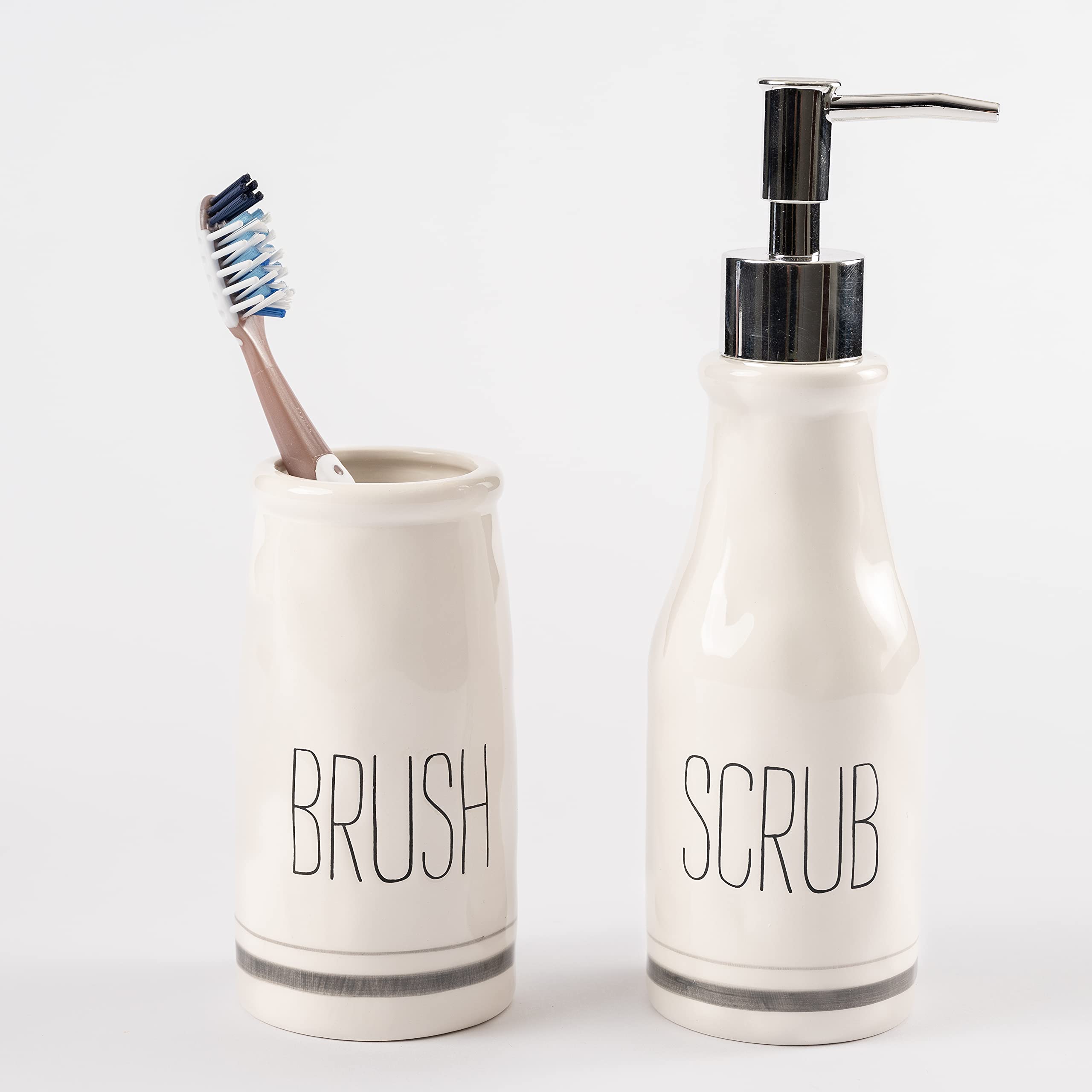 Mud Pie Bistro Soap Dispenser and Toothbrush Holder Set - White Ceramic Bathroom Organizer for Farmhouse & Modern Decor | Perfect for Kitchen, Bathroom, and Guest Room Storage