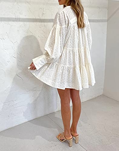 Aofur Women's Summer Cotton V-Neck Long Sleeve Loose Casual Party A-Line Dress with Embroidery - Perfect for Beach Vacations, Date Nights & Outdoor Events