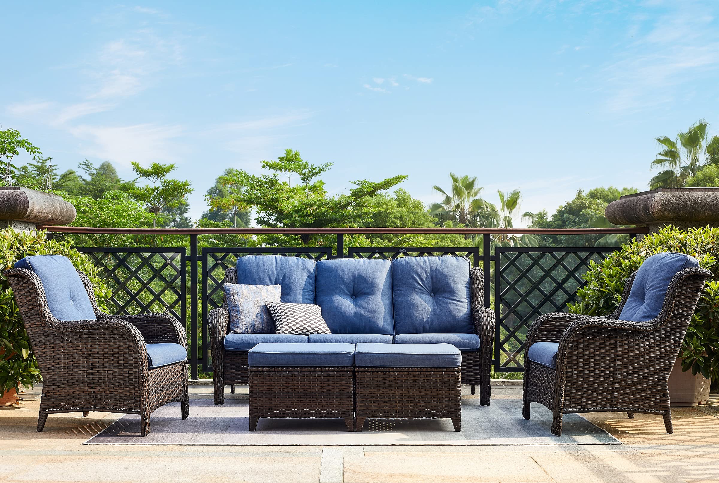 5-Piece Outdoor Patio Furniture Set - Rattan Wicker Sectional Sofa with 3-Seat Couch, 2 Armchairs & 2 Ottoman Footrests - Brown/Blue - Perfect for Garden, Backyard, Poolside & Outdoor Conversations
