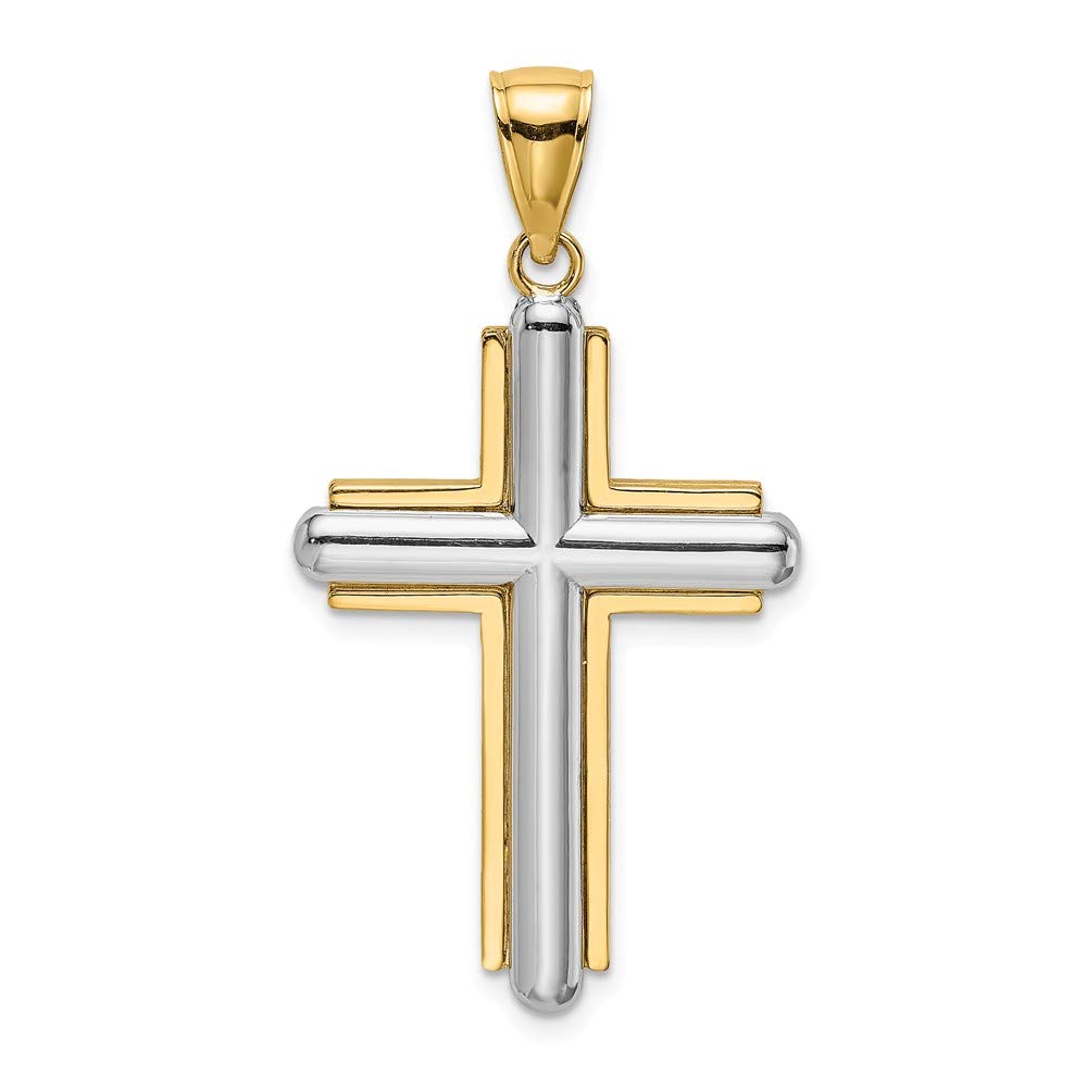 14K White & Yellow Gold Two-Tone Beveled Stick Cross Pendant with Yellow Frame - Elegant Religious Jewelry for Gifts, Baptism, and Everyday Wear