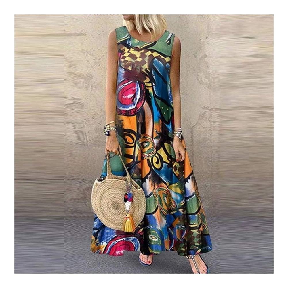 Women's Summer Printed Maxi Dress - Floral Sundress with O Neck & Sleeveless Design - Plus Size Tunic Robe Up to 5XL (Green, Small) | Perfect for Beach Vacation, Casual Outings & Summer Parties