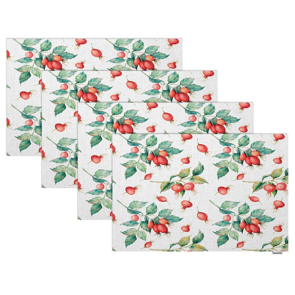 Swono Red Berries Placemat Set of 4 - Watercolor Branch with Red Berries & Green Leaves Dining Table Mats, Oilproof Kitchen Decor (12
