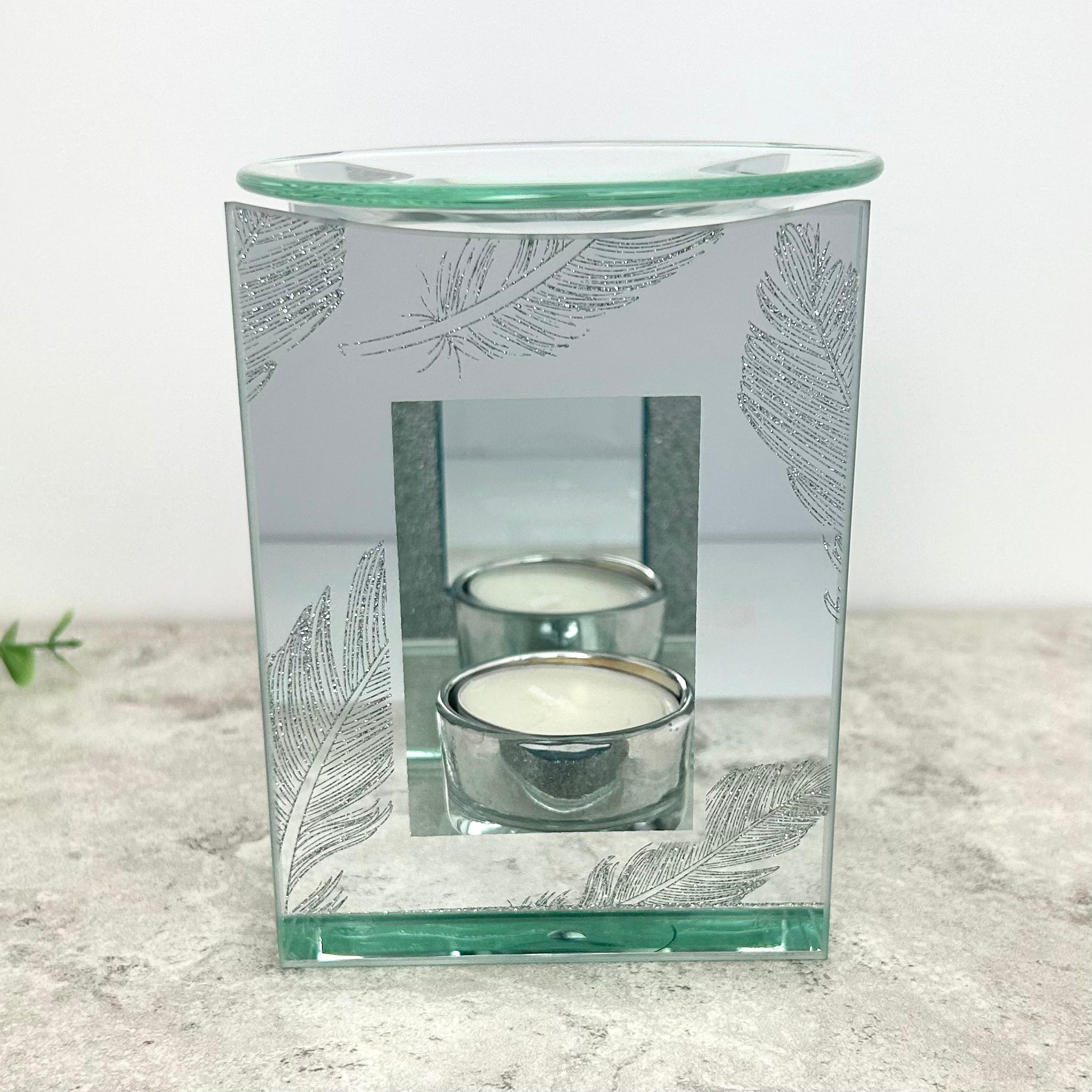 Silver Glitter Feather Memorial Oil Burner - Elegant Aromatherapy Diffuser for Home, Meditation & Spiritual Ceremonies