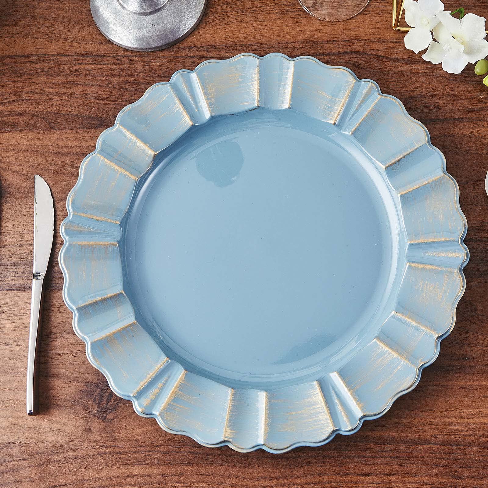 Set of 6 - 13 Inch Round Charger Plates with Wavy Scalloped Edge for Weddings, Parties & Formal Dining - Elegant Dusty Blue Tableware Decor
